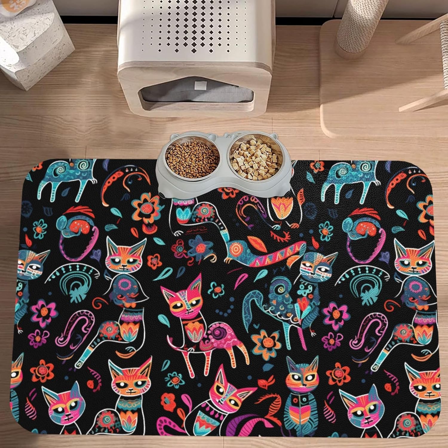 Colorful Cat Pet Feeding Mat, Artistic Absorbent Leather Food Mats, Dog Placemat with Non-Slip Rubber Base, Easy Clean Dog Cat Bowl Placemats for Food and Water (40x60cm)