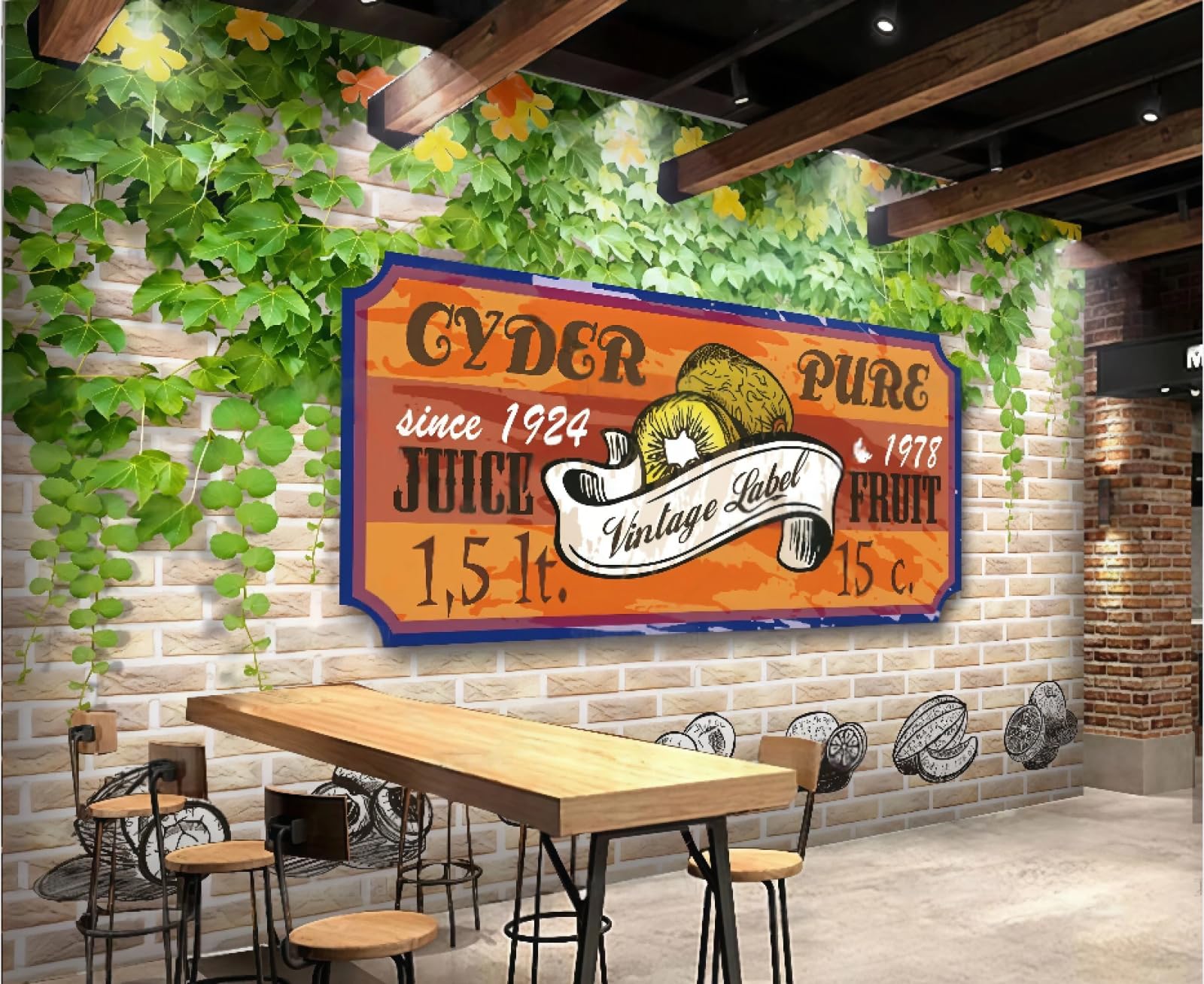 XDOUBAO Wallpaper Nostalgic Brick Wall Green Leaves Fruit Shop Theme Shopping Mall Afternoon Tea Western Restaurant Background Wall Wallpaper Coffee Shop Mural,3D,300x210cm