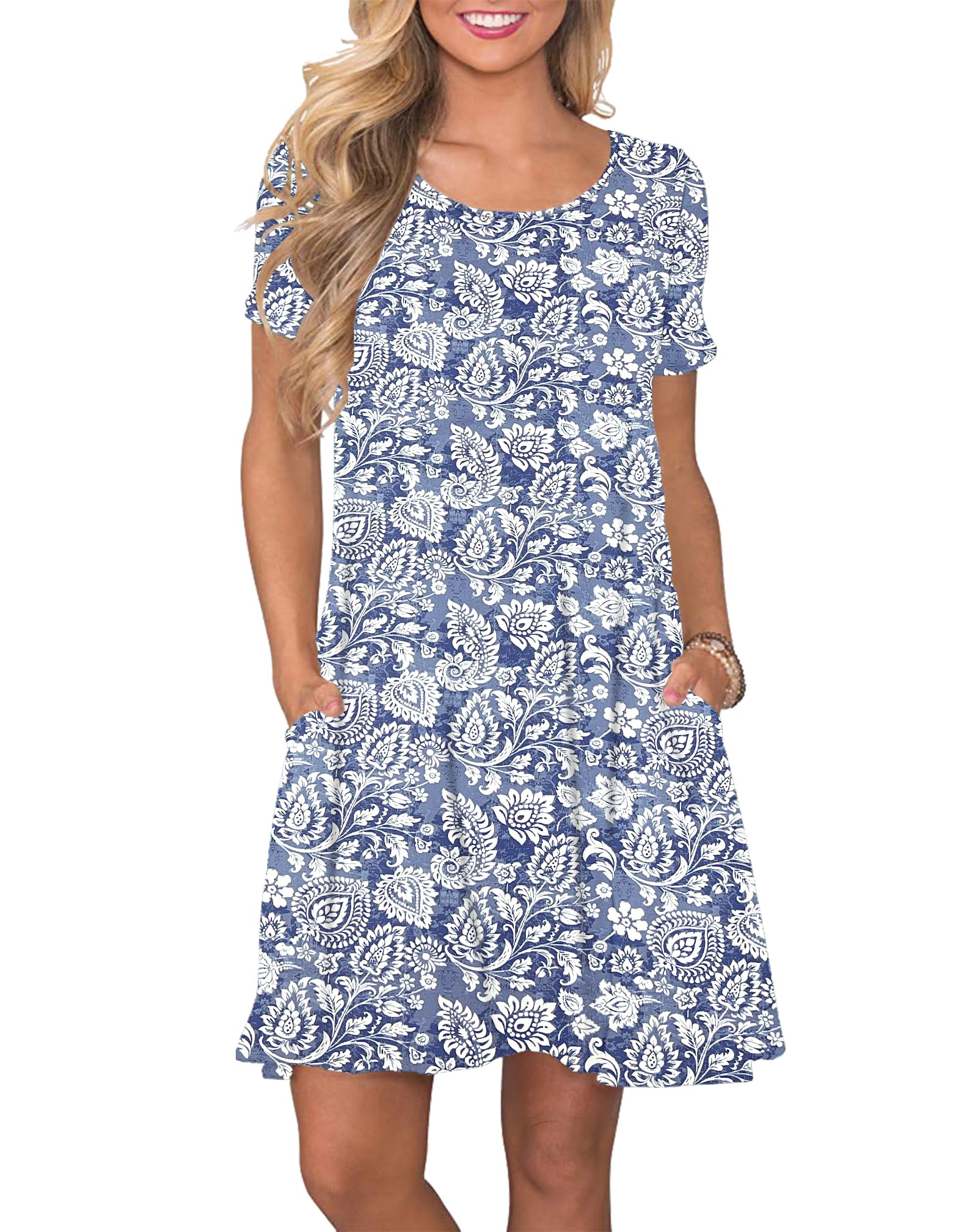 Auselily Women's Boho Flower Summer Dresses Casual T Shirt Short Sleeve Dress Loose Swing Short Dress With Pockets National Blue Xl