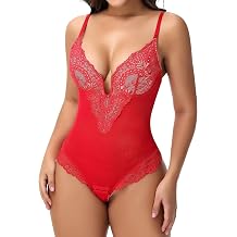 SHAPERIN Women s Lace Bodysuit Low Back Shapewear Deep U Neck Tummy Control Body Shaper Underwire Shaping Bodysuits Thong Croset Top