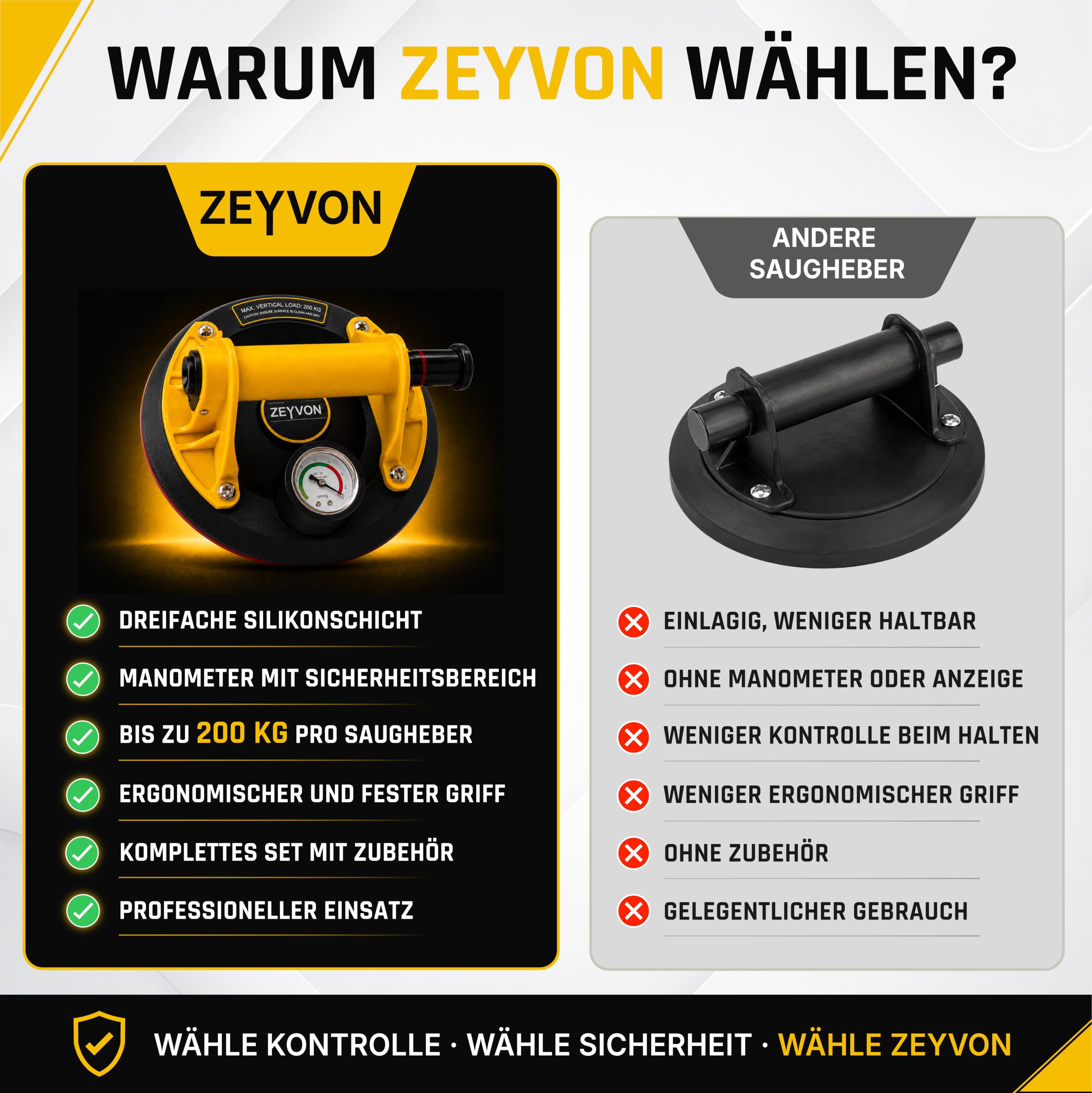 2er Set Vakuum-Saugheber 200 mm mit Manometer – 200 kg je Saugheber – Professioneller Glassauger & Fliesenheber mit Koffer und Zubehör – für Glas, Fliesen, Marmor und glatte Platten