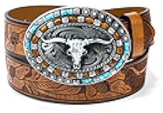 Western Cowboy Cowgirl Leather Belts - Women Men Turquoise Embossed Waist Belts With LongHorn Bull Buckles Fit 25-38”