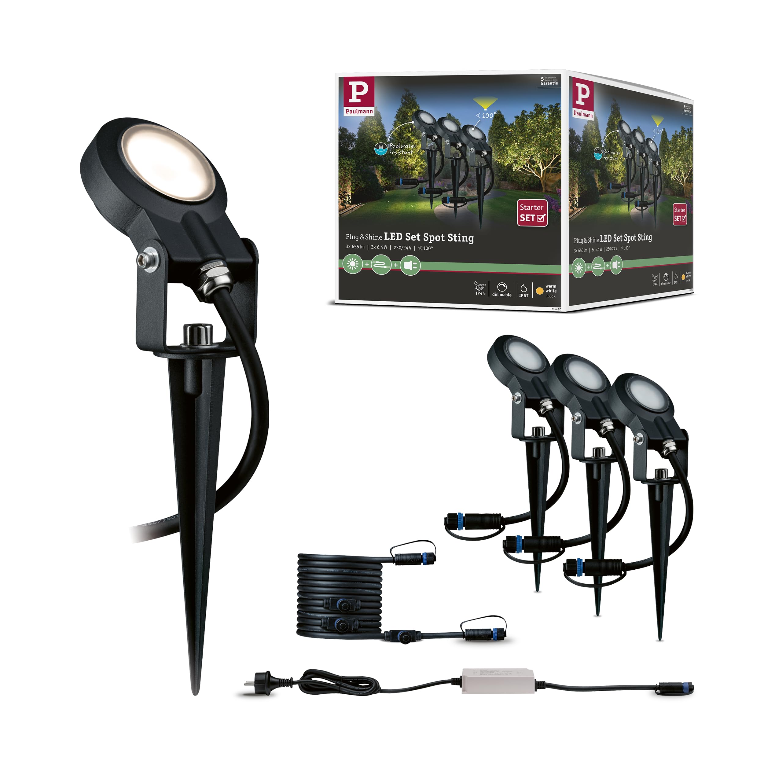 Paulmann 93696 Plug & Shine ground spike Sting A++ - Foco de jardín básico con 3000 K blanco cálido - iluminación exterior IP67 resistente al agua 3x6 vatios regulable