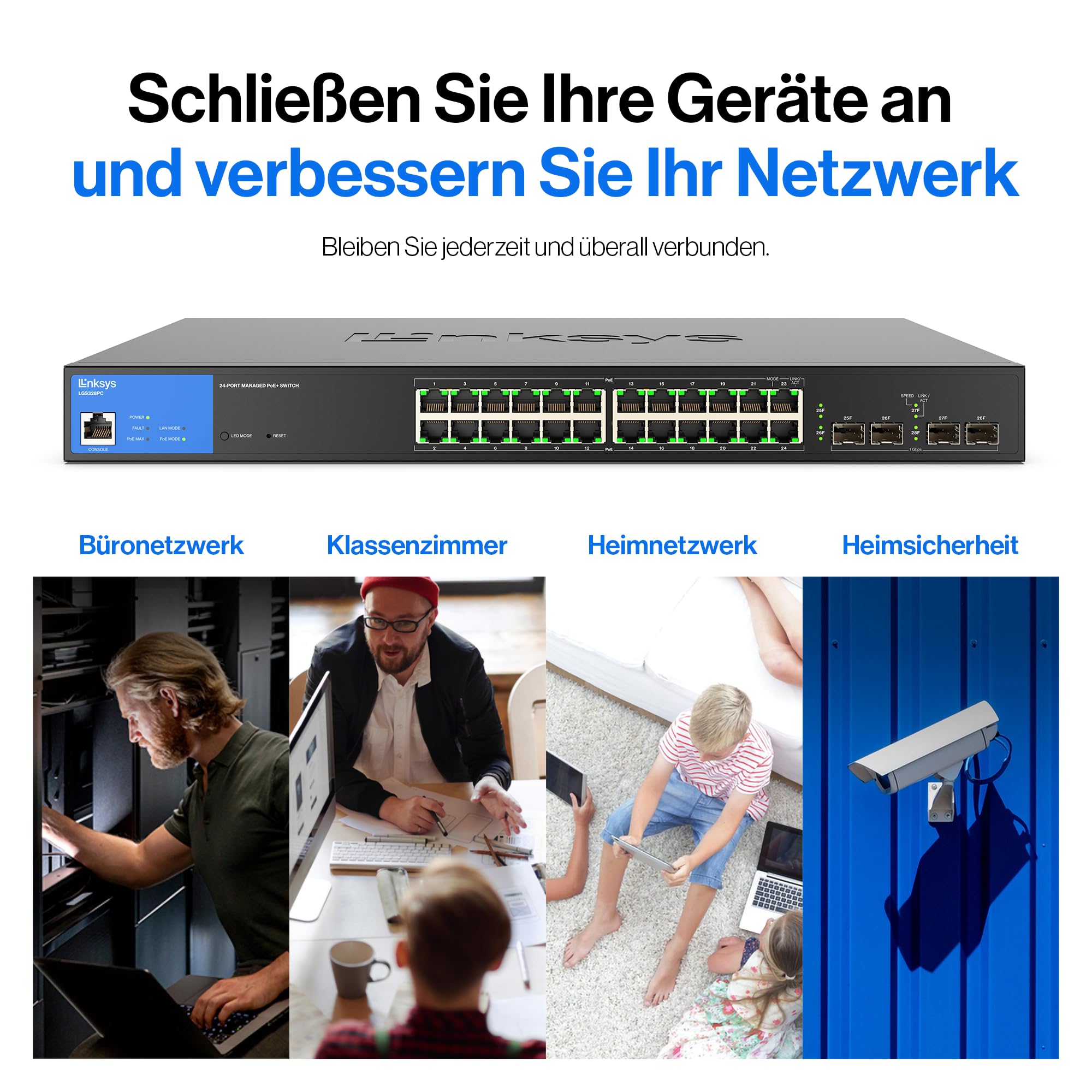Linksys 24-Port Managed Gigabit-Netzwerk-Switch, 4 1-Gb-Uplink-SFP-Steckplätze, PoE/PoE+, QoS, statisches Routing, VLAN, IGMP, Metallgehäuse, Platzierung auf dem Schreibtisch/an der Wand – LGS328PC