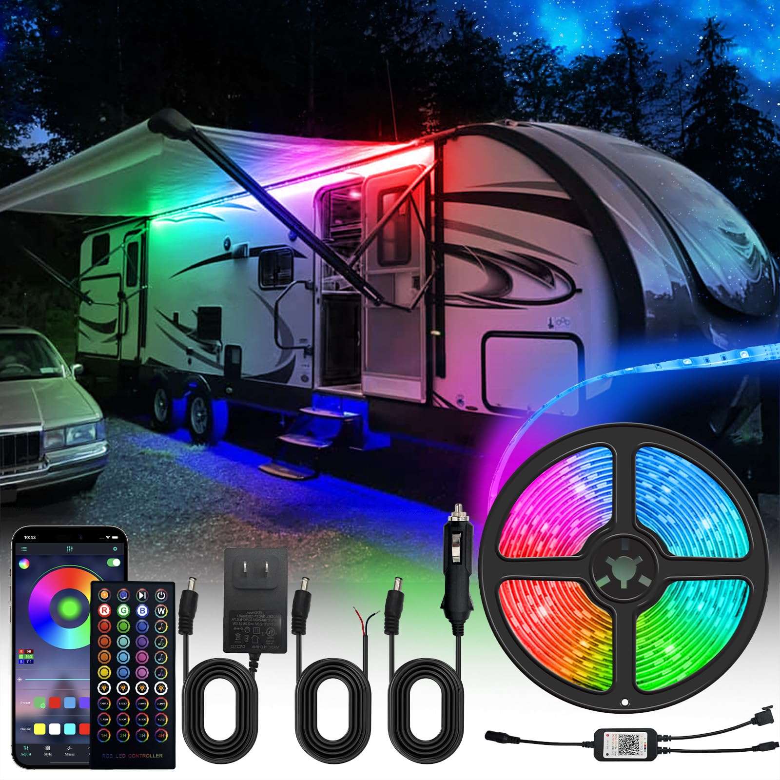 16.4FT RV Awning Lights, 12V Camper LED Light Strip with Remote Waterproof RV Exterior Strip Lights for Canopy, Motorhome, Travel Trailer, Camping, BBQ