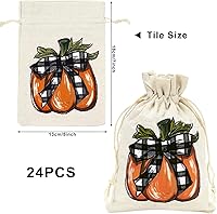 Vista 2 de Whaline Paquete de 24 bolsas de arpillera de otoño, bolsas con cordón de calabaza, bolsas de regalo de calabaza a cuadros de acuarela, bolsa
