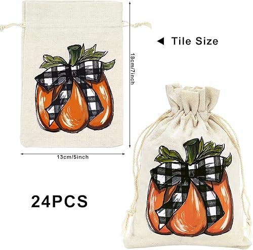 Miniatura 2 de Whaline Paquete de 24 bolsas de arpillera de otoño, bolsas con cordón de calabaza, bolsas de regalo de calabaza a cuadros de acuarela, bolsa de