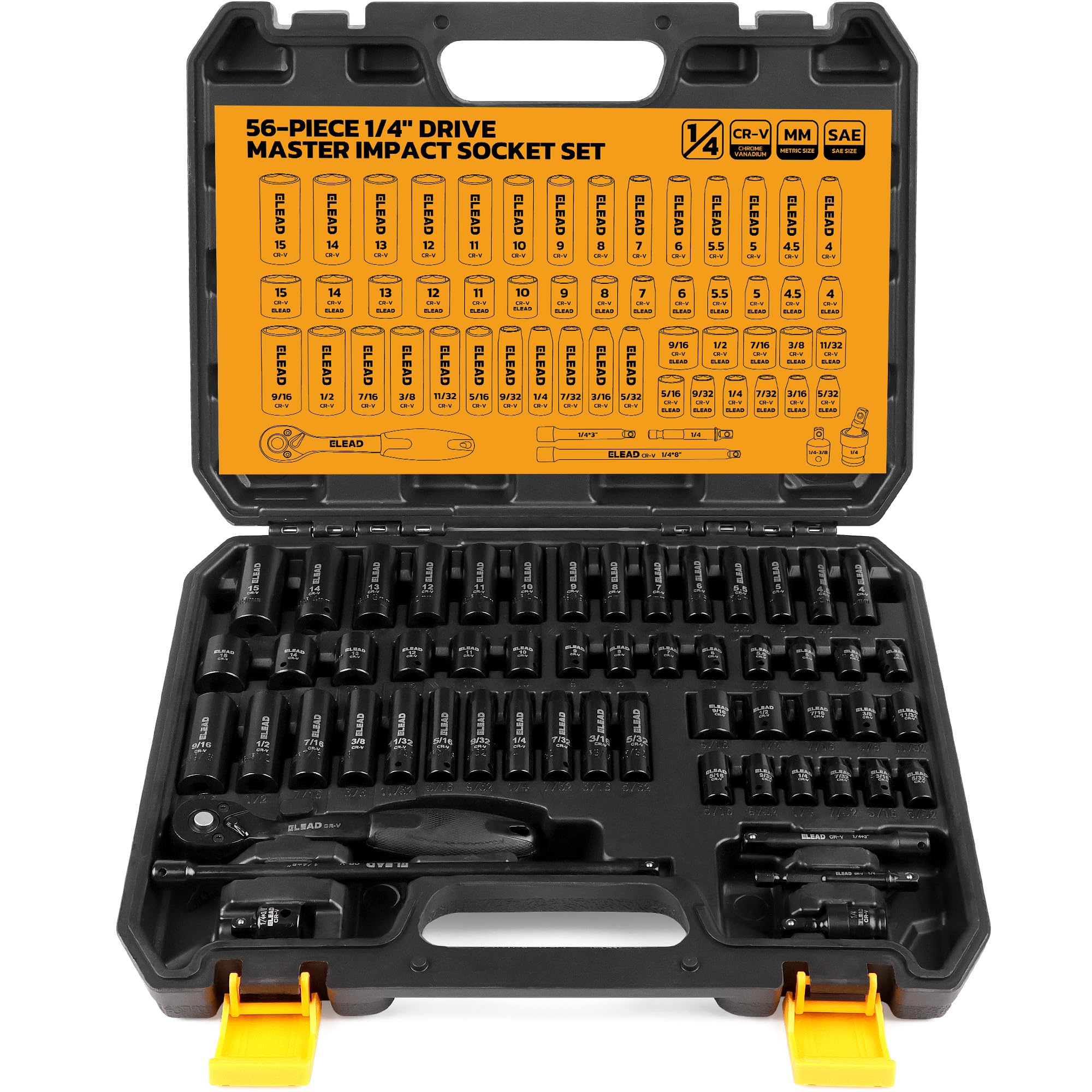 ELEAD 1/4" Drive Impact Socket Set, 56-Piece Standard SAE (5/32 to 9/16 inch) and Metric (4-15mm) Size, Deep & Shallow, 6 Point, Cr-V, 72-Tooth Ratchet Handle, Extension Bar, Universal Joint