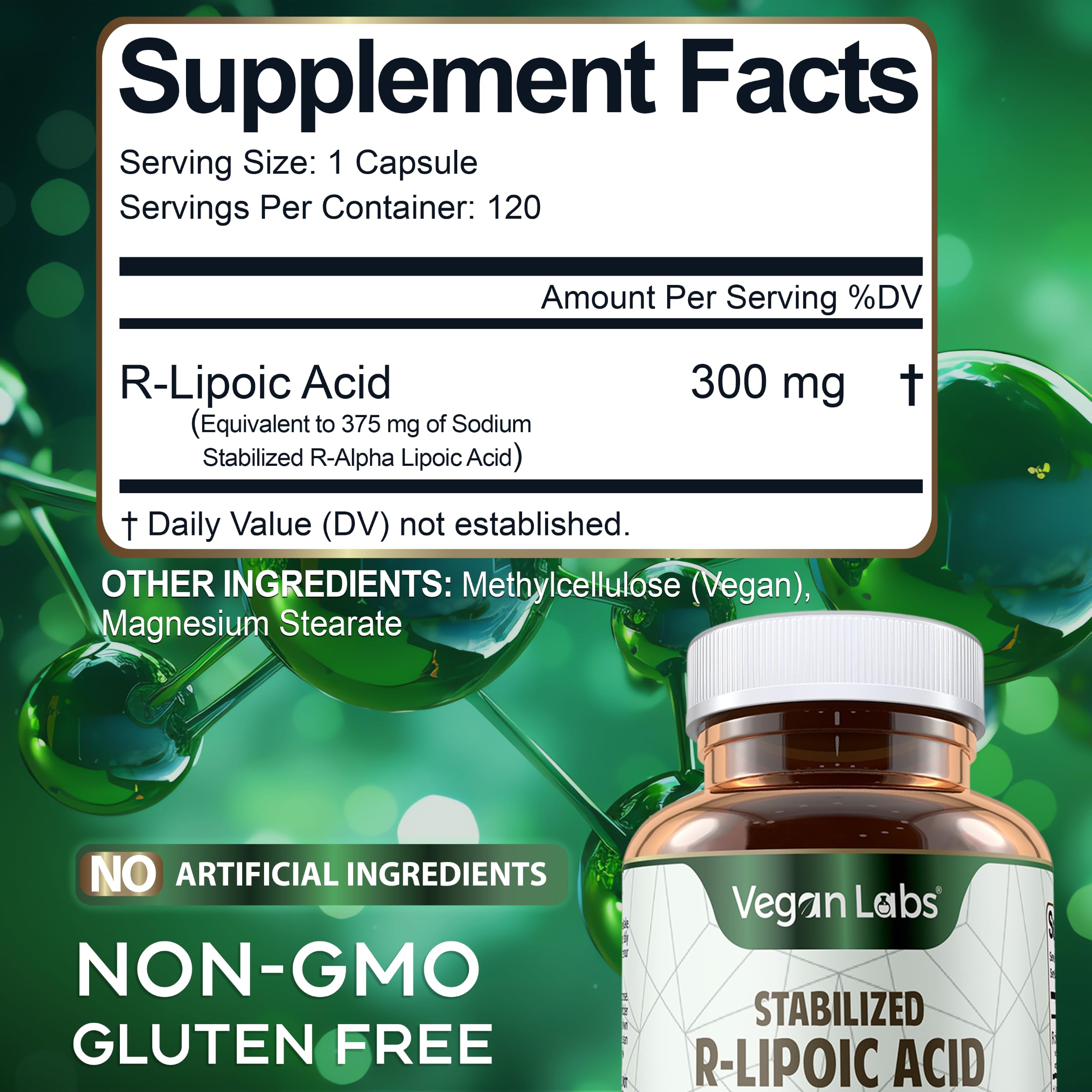 Vegan Labs Stabilized R-Lipoic Acid 300MG, 120 Vegan Capsules- Supports Cellular Energy and Antioxidant Protection- Gluten Free, Non-GMO, Stabilized Na R-ALA Supplement- 4 Month Supply — Amazon image 4