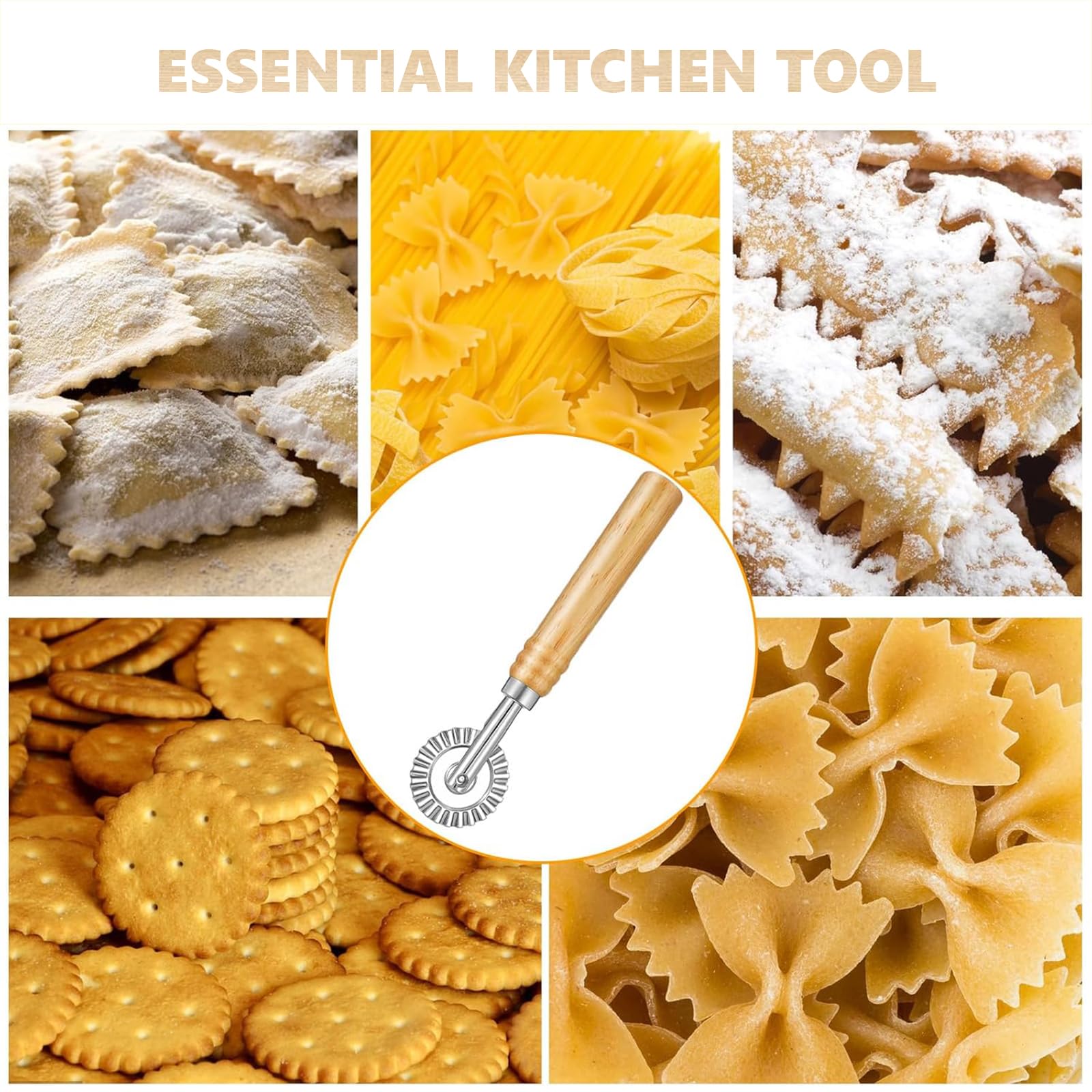 Rueda Cortadora de Pasta, Rueda de Repostería, Ruedas para Ravioli con Mango De Madera, Ruedas Cortadora de Acero Inoxidable, Pizza Pastelería Herramientas Moldes Acanalado Accesorio