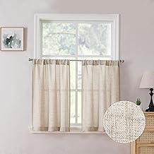 Tollpiz Short Linen Tier Curtains Rod Pocket Semi Sheer Half Kitchen Curtain Burlap Light Filtering Thick Linen Drapes for Bathroom, 30 x 24 inches Long, Natural, Set of 2 Panels
