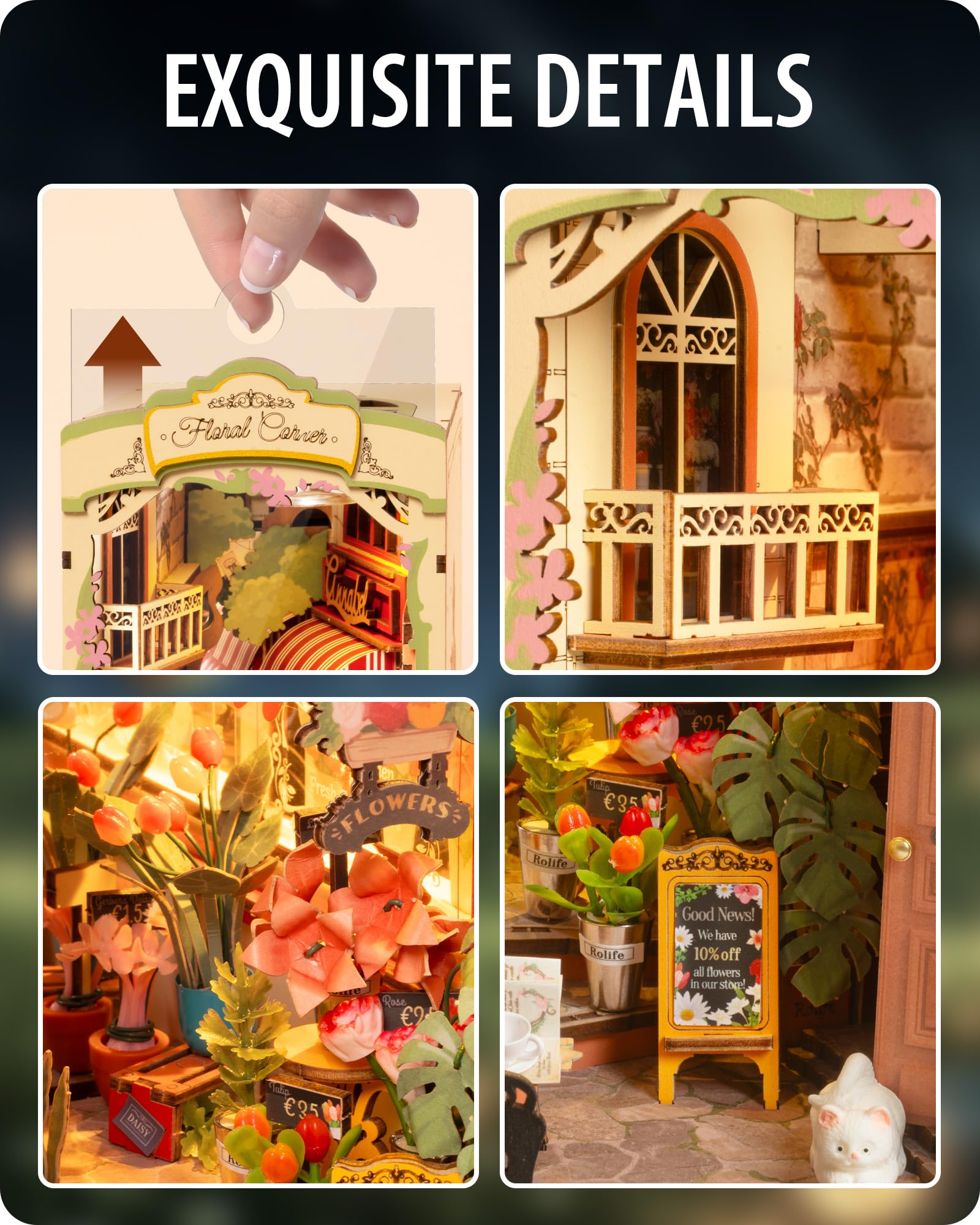 Rolife Book Nook Kit Angolo Floreale con Luci LED Kit Casa in Miniatura Fai da Te Puzzle 3D in Legno per Adulti per Costruire Libreria Decorazione Natale Regalo Compleanno