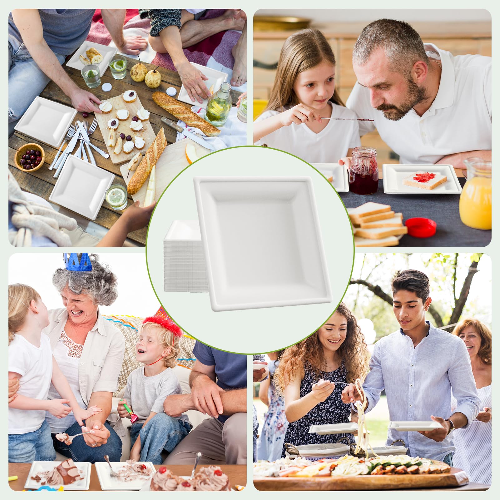 ECOLipak Kompostierbare, quadratische Pappteller, 15,2 cm, 300 Stück, strapazierfähig, weiß, kleine Vorspeisenteller, Einweg-Teller, biologisch abbaubare Dessertteller für tägliche Mahlzeiten,