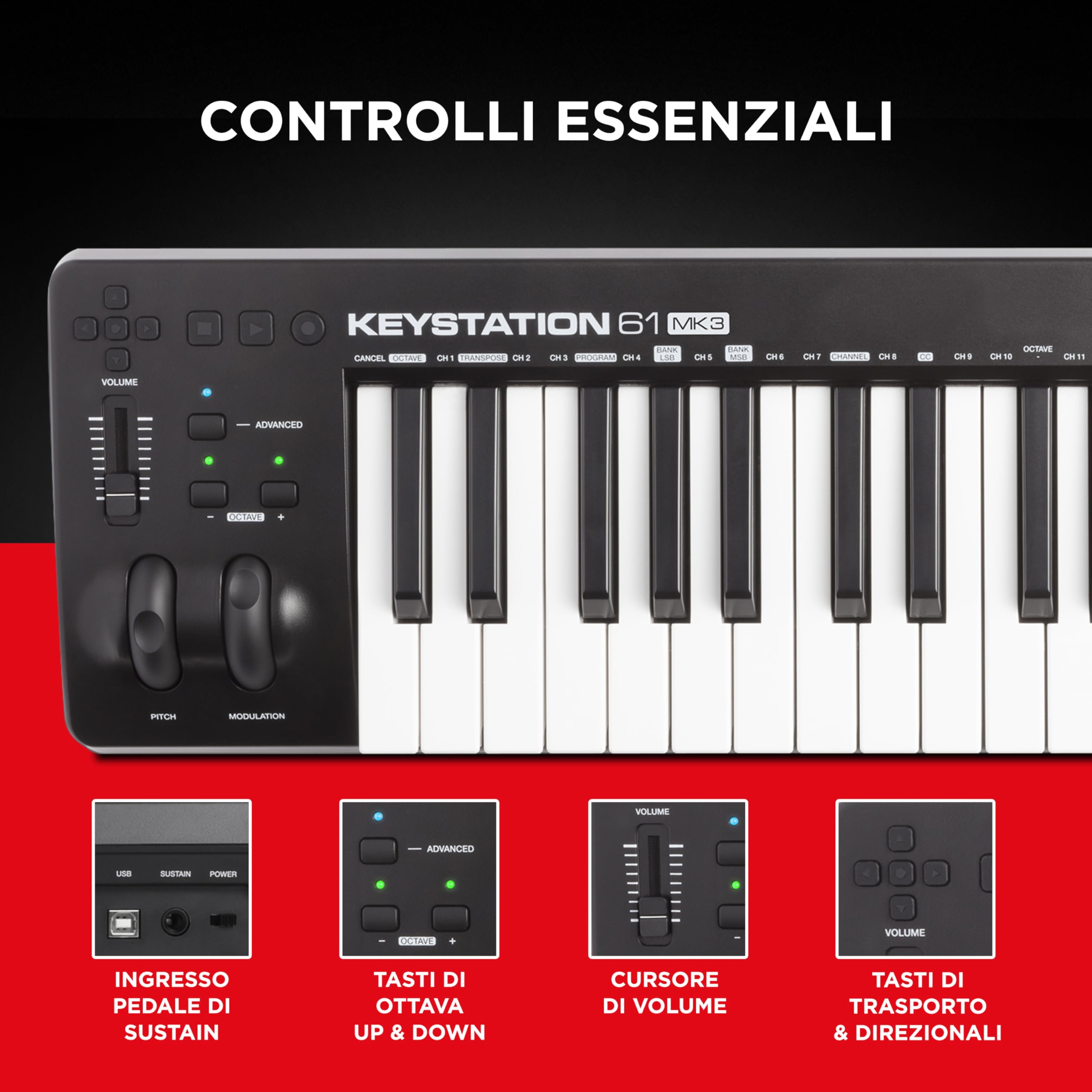 M-AUDIO Keystation 61 MK3 - Tastiera MIDI Controller USB a 61 Tasti, Controlli Assegnabili, Plug-and-Play (Mac/PC) + Pacchetto Software