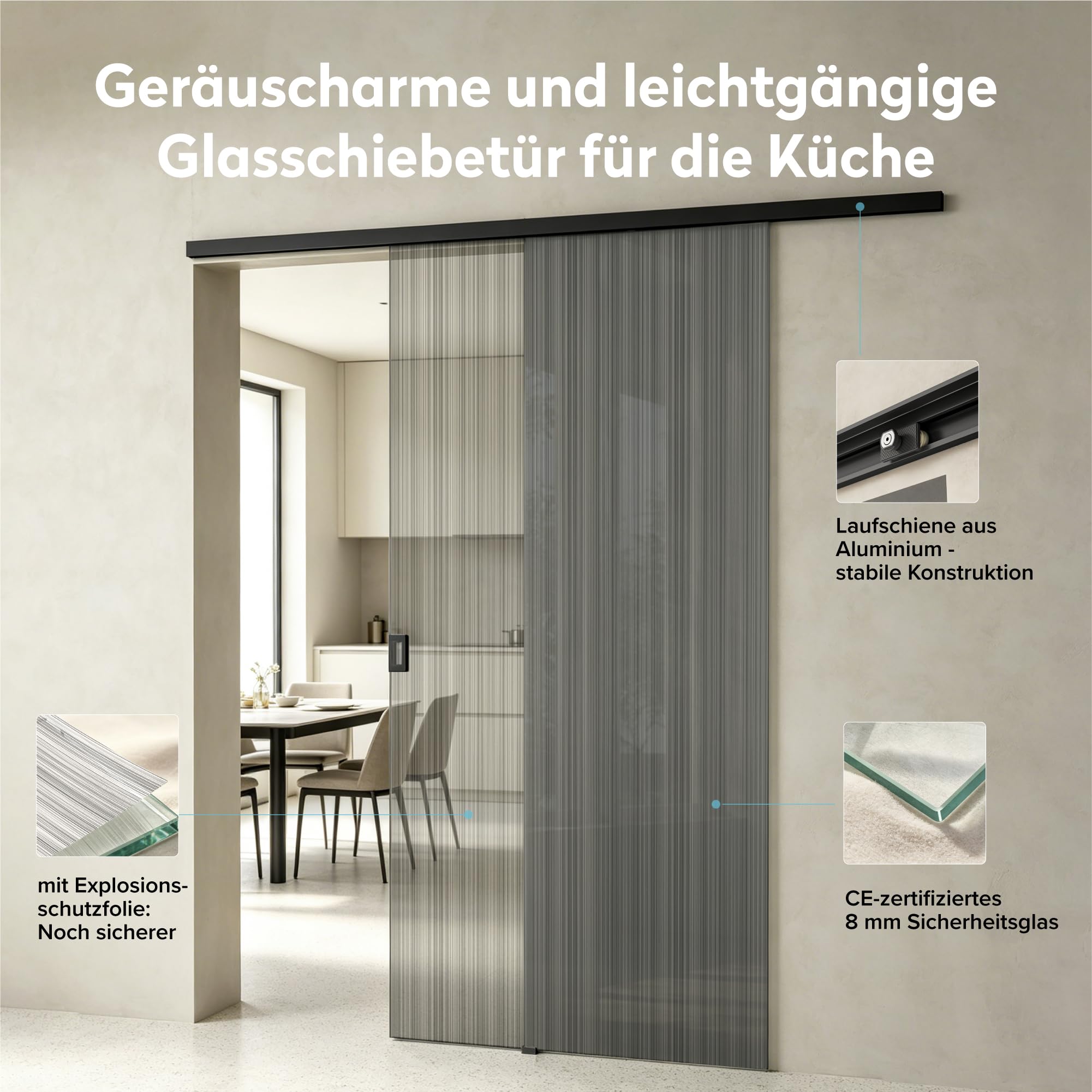 doporro Glasschiebetür Komplettset Softclose 90 x 205 cm Schiebetür