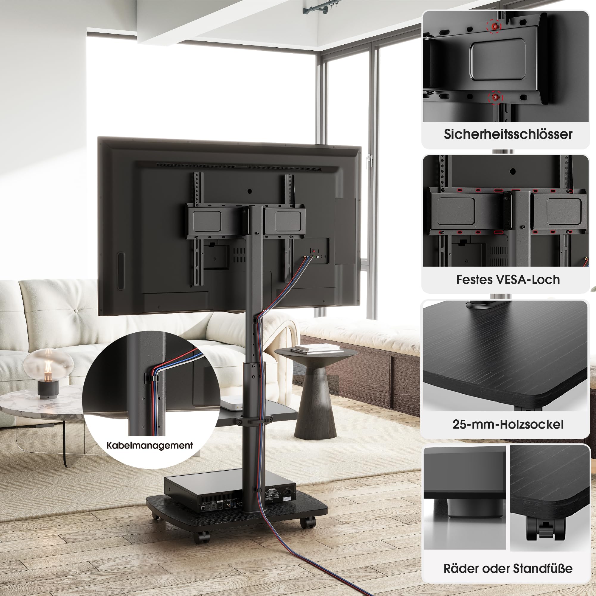 AOKCOS TV Ständer Rollbar mit Holzablage Regal, Fernsehständer auf Rollen für 32-65 Zoll, bis 40 kg, VESA 400x400mm (Schwarz)
