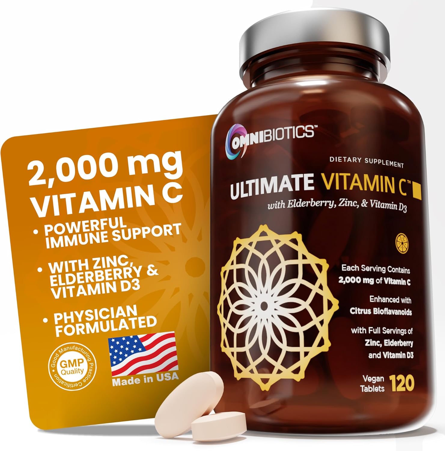 OmniBiotics Ultimate Vitamin C Supplement 2000mg – with Zinc, Elderberry Extract, and D3 – High Potency Immune Support & Collagen Booster – 120 Vegan Tablets