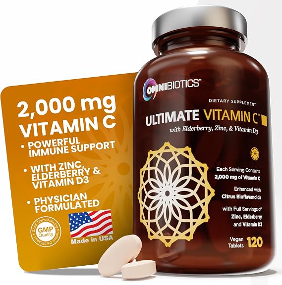 OmniBiotics Ultimate Vitamin C Supplement 2000mg with Zinc, Elderberry Extract, and D3 High Potency Immune Support & Collagen Booster 120 Vegan Tablets