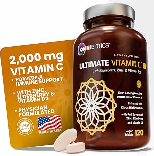 OmniBiotics Ultimate Vitamin C Supplement 2000mg – with Zinc, Elderberry Extract, and D3 – High Potency Immune Support & Collagen Booster – 120 Vegan Tablets