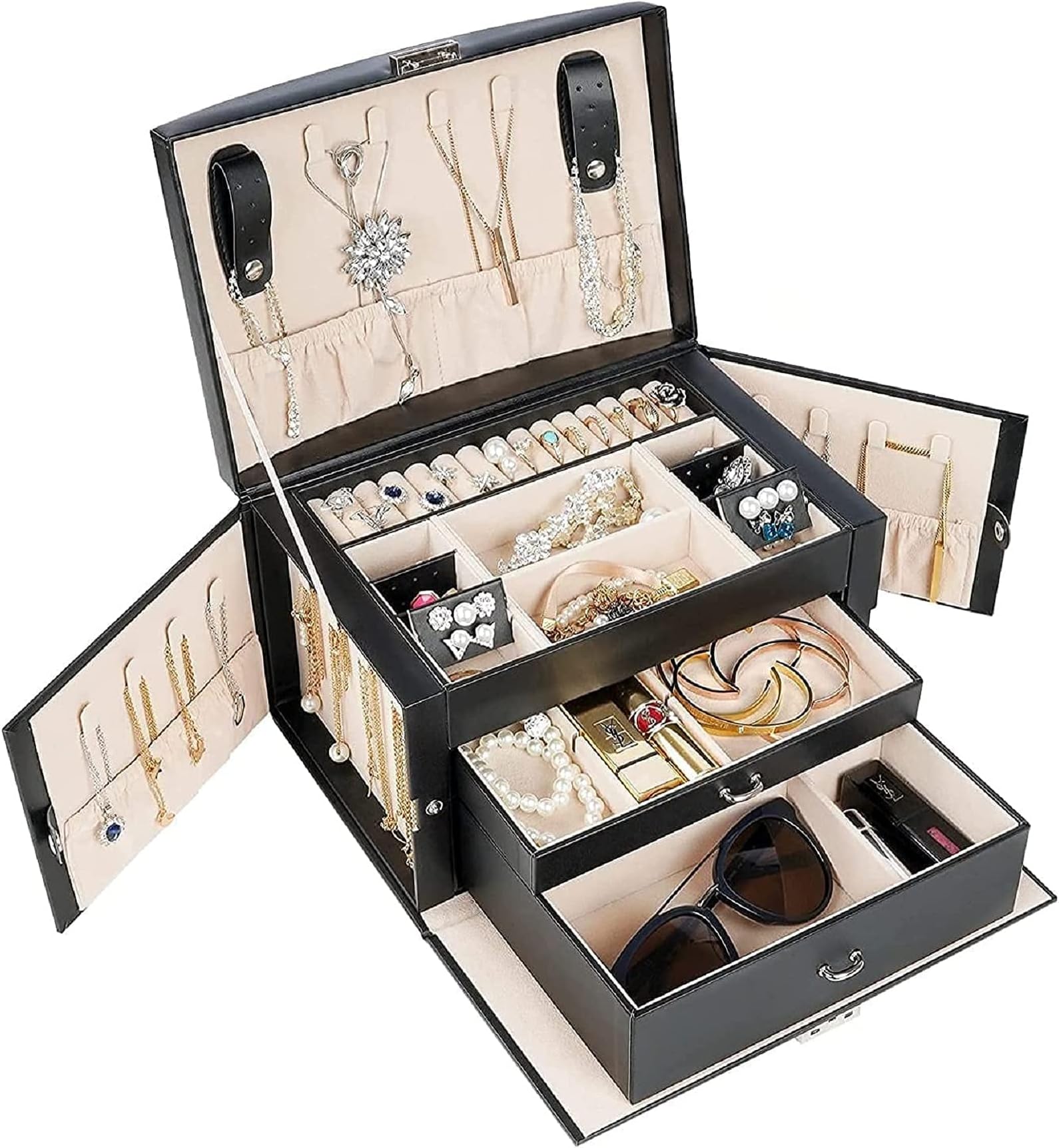 ProCase Jewelry Organizer Box for Women Wife Mother Girlfriend, Large PU Leather Jewelry Organizer 3 Layers Storage Display Case with Drawers and Dividers for Earrings Necklaces Rings Bracelets -Black