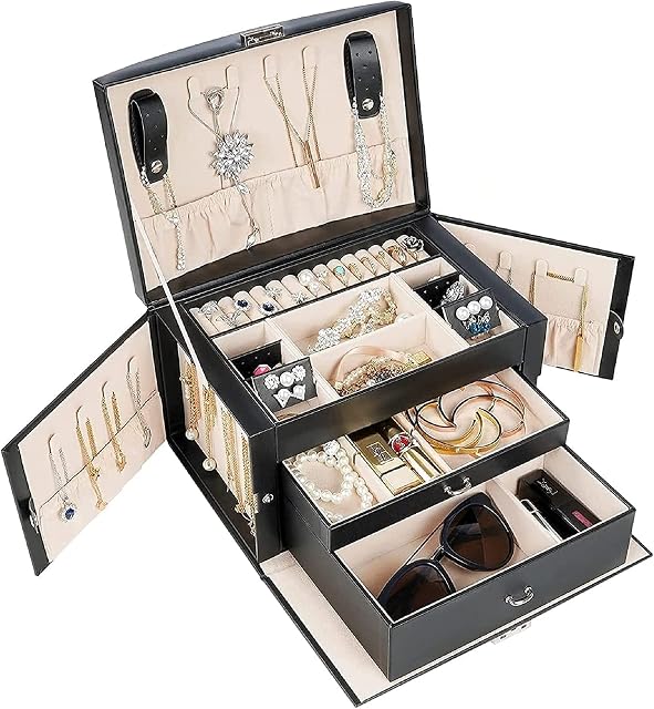 ProCase Large Jewellery Box Organizer for Women Girls Mother's Day Gift, 3 Layers Leather Jewelry Display Storage Holder Case with Lock Handle for Earrings Bracelets Rings Watches -Black
