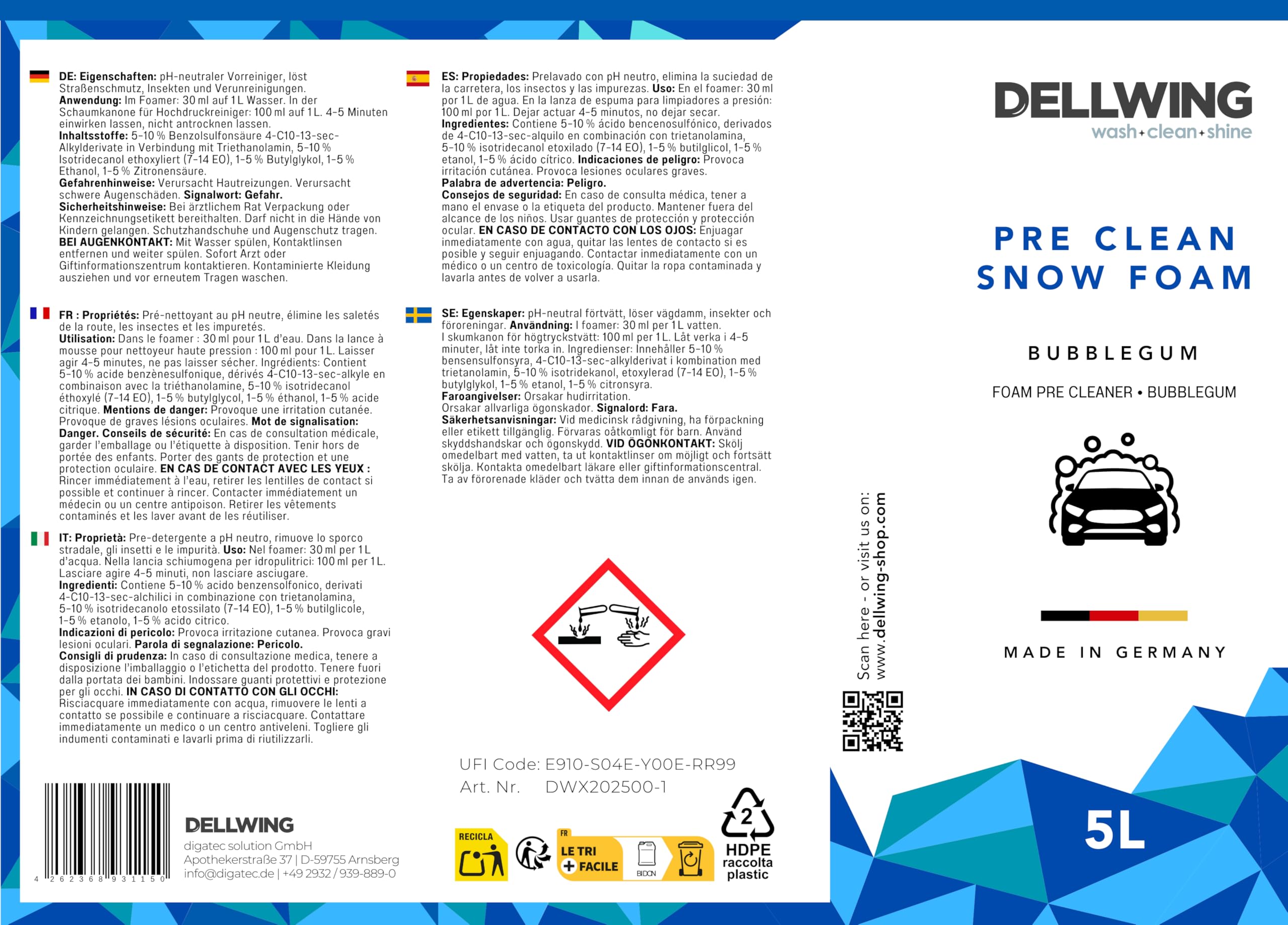 Dellwing Pre Clean Snow Foam concentrado 5 l, champú de prelavado pH neutro, limpiador espumoso para lavado y cuidado exterior del coche, olor a chicle, fabricado en Alemania