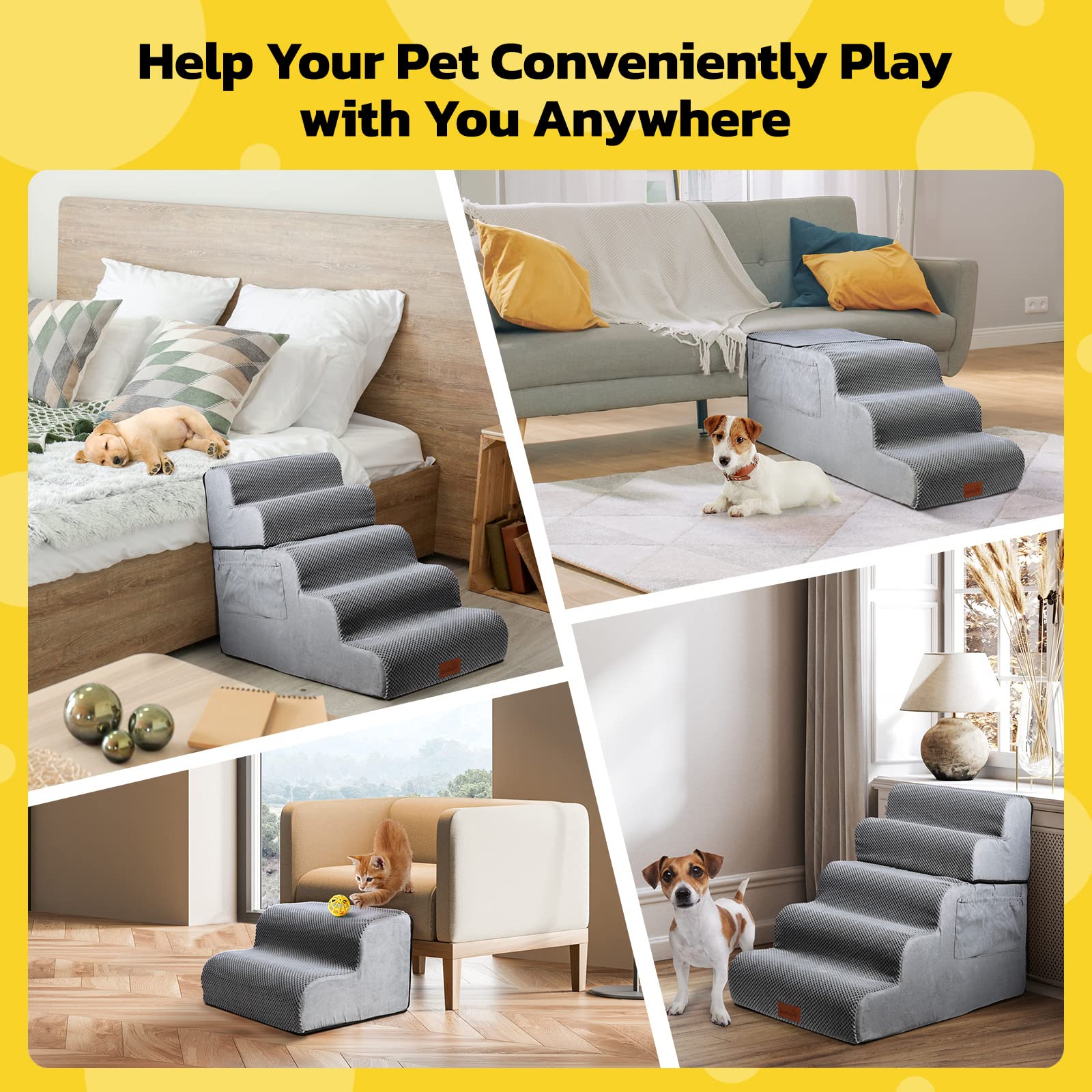 LOOBANI Dog Stairs, 5 Steps Soft Foam Dog Steps for Bed, Easy to Up and