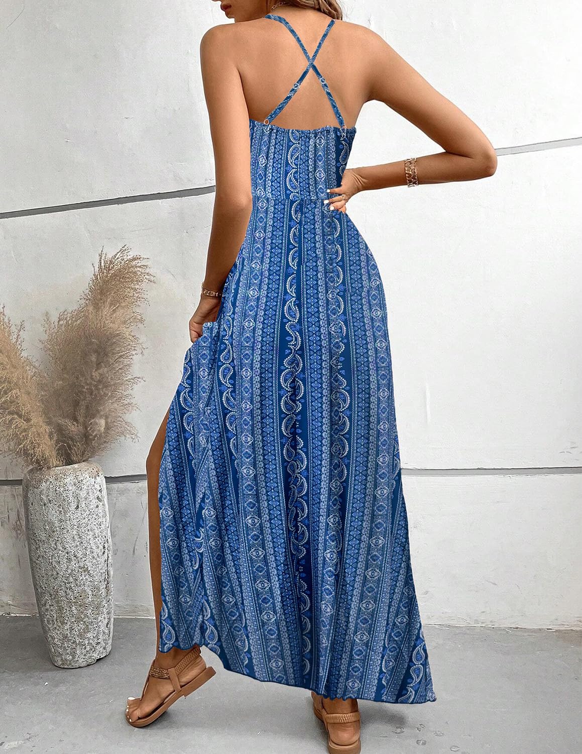 Mujer Vestido de Verano Sin Mangas Cuello en V Falda Larga Estampada de Tirantes Playa Vestido de Bohemio Elegante Vestido