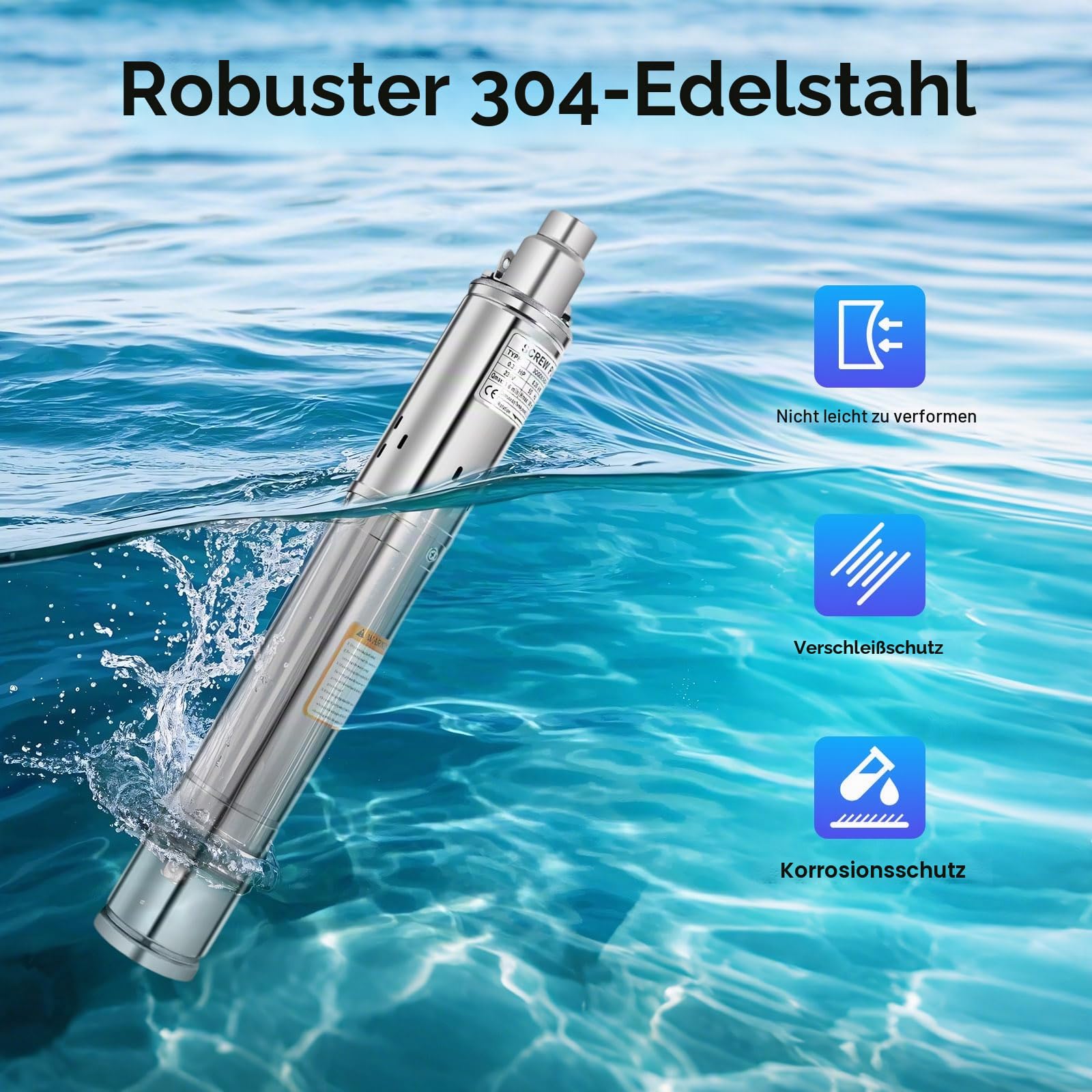 Tiefbrunnenpumpe 3 Zoll 250W Edelstahl Tauchpumpe 1600 L/h max. 80m Förderhöhe 220V mit 20m Kabel für Brunnen, Bewässerung, Wasserversorgung, Wohnmobil (3 Zoll, 250W)