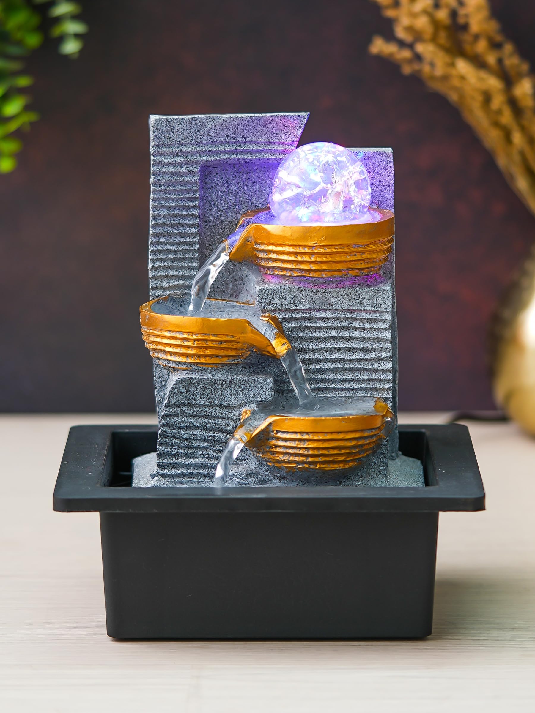 CHRONIKLE Polyresin Designer Tabletop Indoor 3 Steps Water Fountain for Home Decor with Yellow LED Light, Speed Controller Pump & Crystal Ball (Size: 25 x 21 x 18.5CM |Wt: 1180grm | Color: Grey)