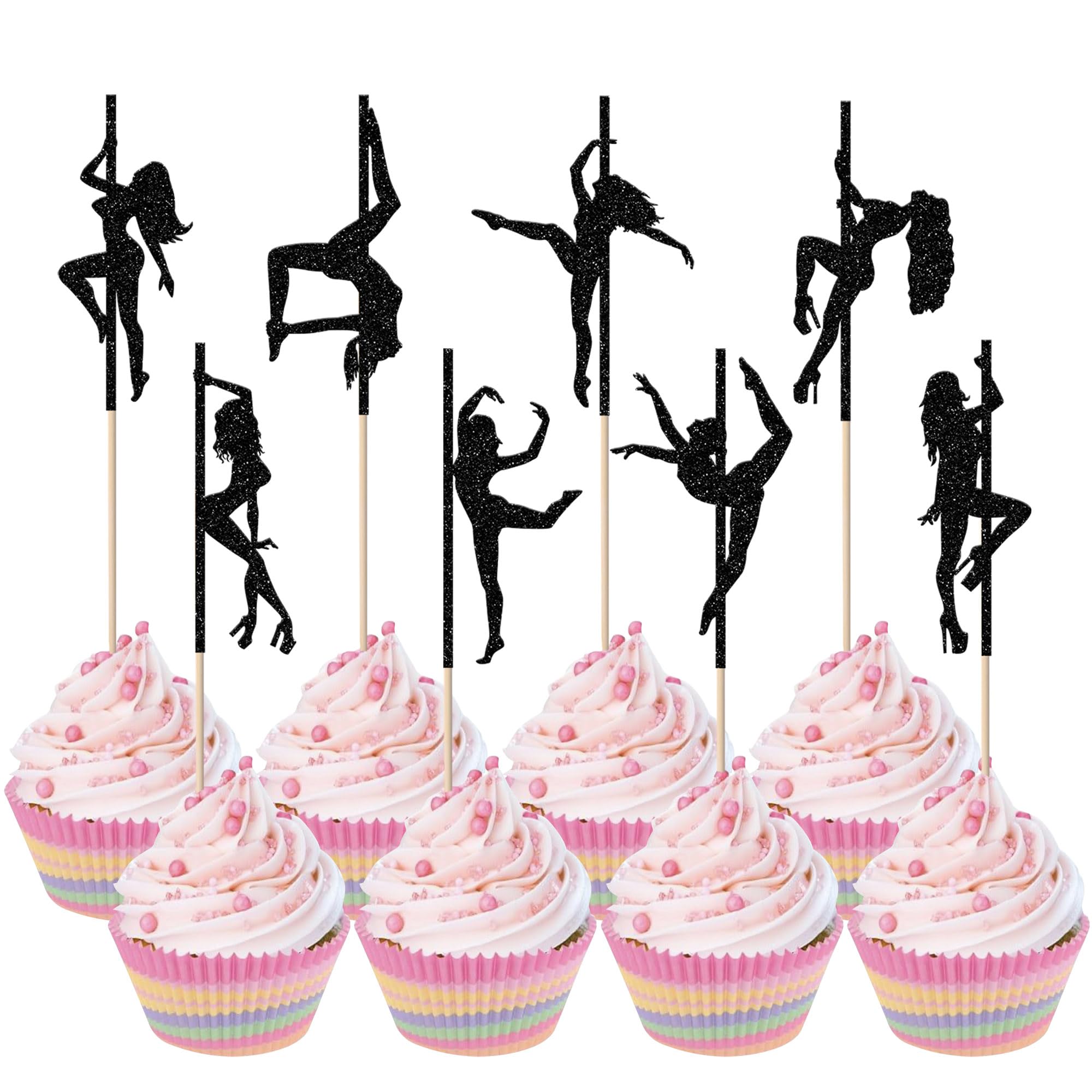 24 Pack Pole Dance Girls Birthday Cake Decoration Stripper Party Decoration Glitter Pole Dancing Cupcake Topper for Bachelorette Bride Shower Cake Decoration for Birthday Black