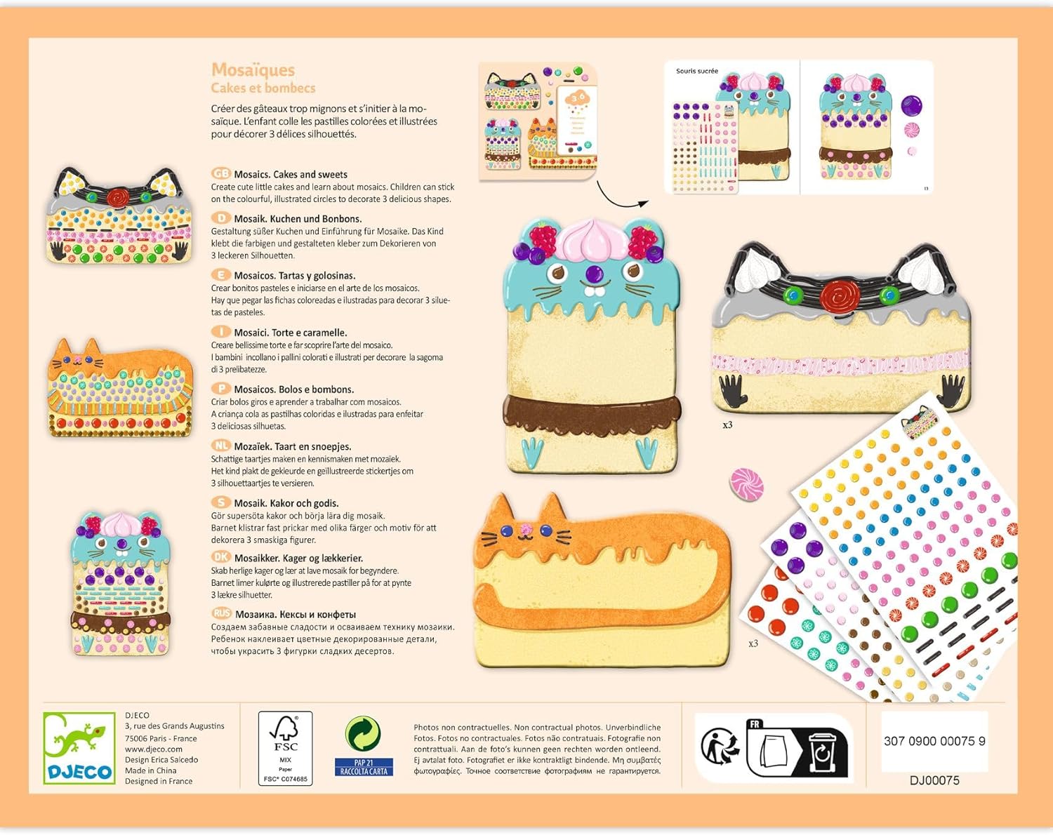 DJECO LPA Cakes & Sweets Collages Mosaic Kit - Create Your Own Spark w/Glitter for Home - Fun & Creative for Family & Friends, Boy & Girls, Educational, Sticker Craft Kit for Children 3+ Years