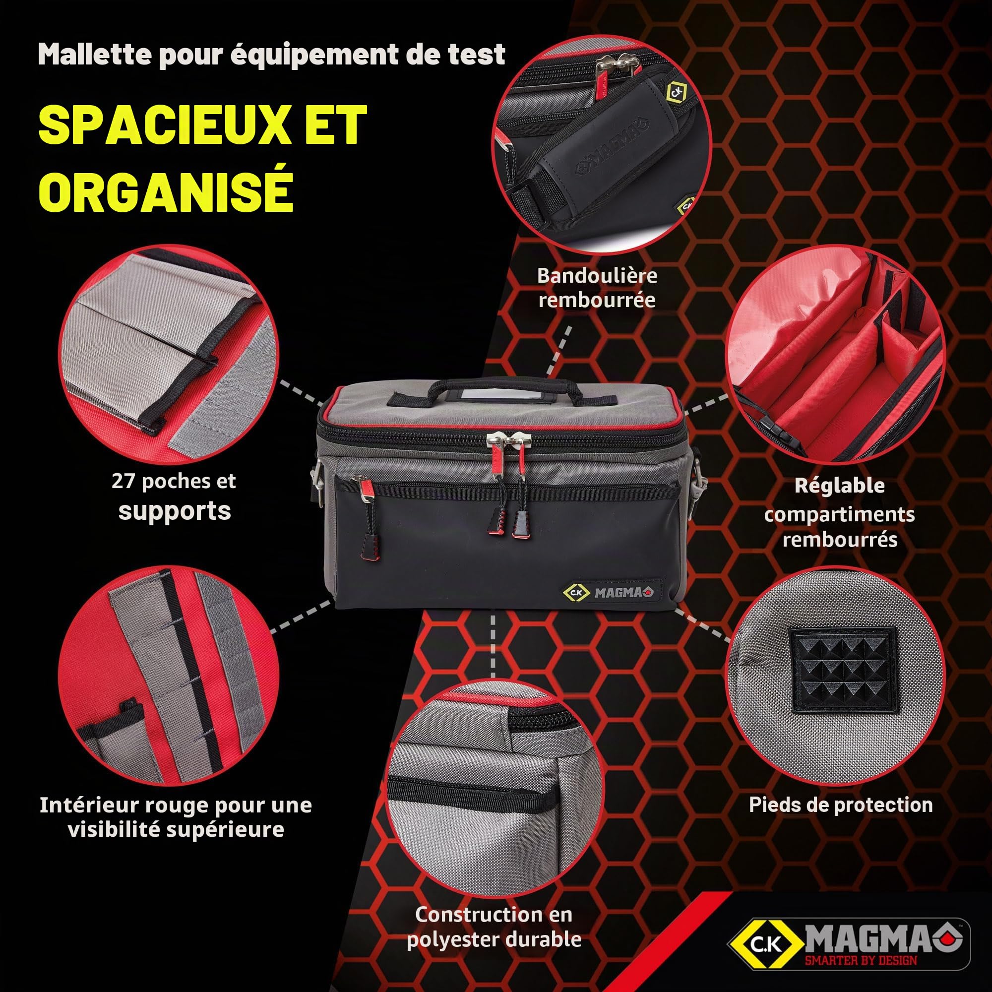 C.K Magma Sacoche pour Équipement de Test et de Mesure, 27 Poches et Fixations, Compartiments Rembourrés Ajustables, Séparateur Rigide, Fermeture Verrouillable, Bandoulière, Technicien SAV, CK MA2638