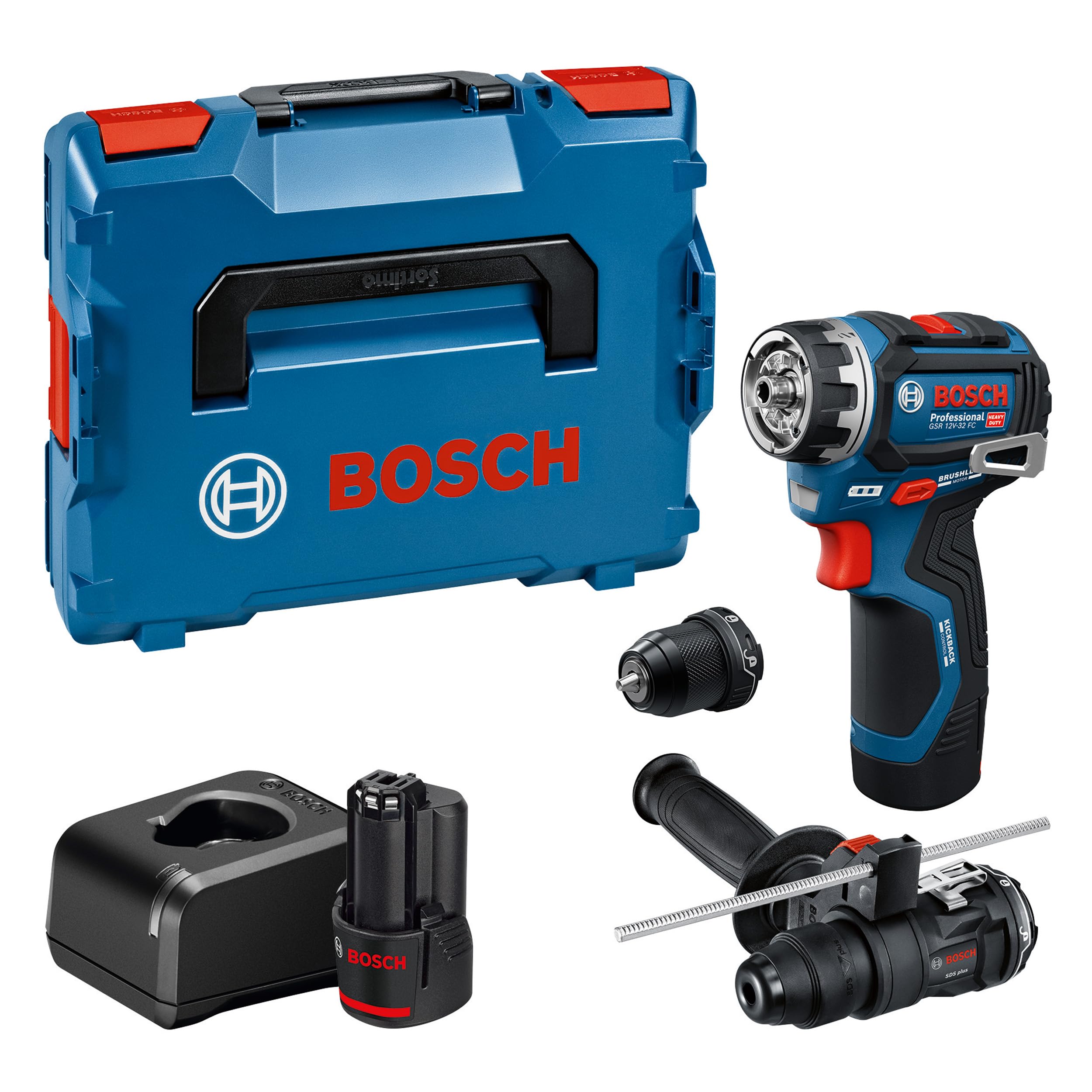 Bosch PRO 18V System Atornillador a batería GSR12V-32FC (incl. batería de 2,0 Ah, GAL 12V-20, GFA 12-M, GFA 12-H, empuñadura auxiliar, medidor de profundidad, L-BOXX)