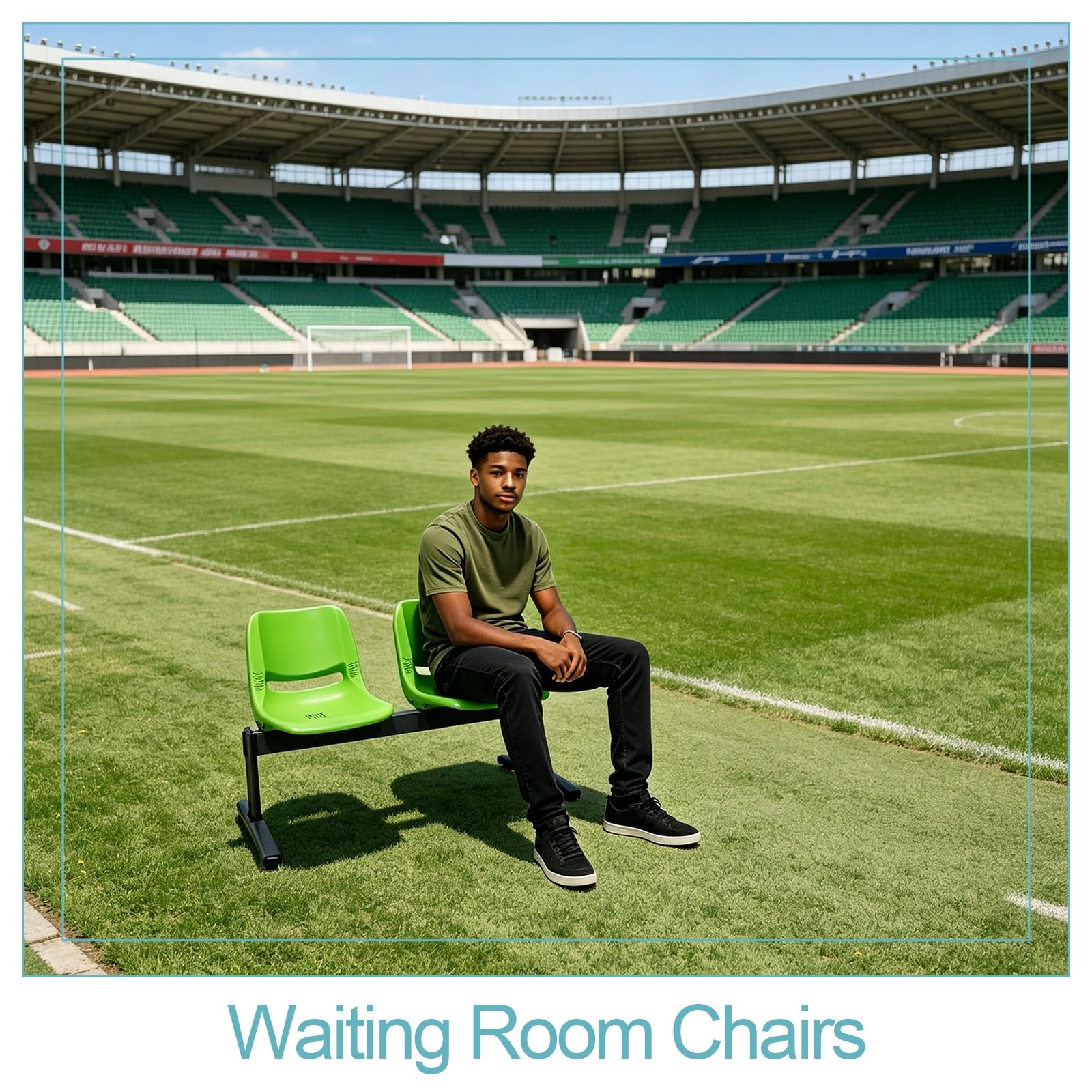 2 Sitzer Flughafenempfangsbank, Metallgestell, Tragkraft 400kg, Kunststoffbank für Stadien und Flughäfen, 118x78x50cm(Green)