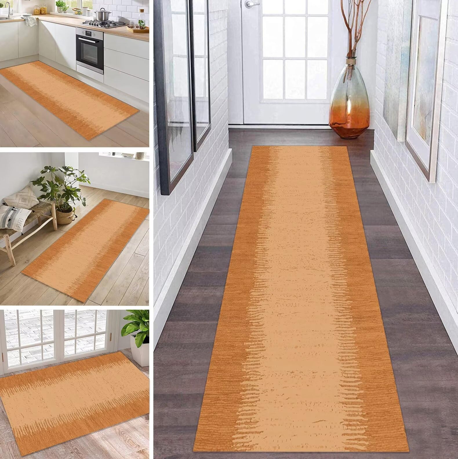 Tapis de couloir antidérapant 80 x 350 cm lavable marron jaune