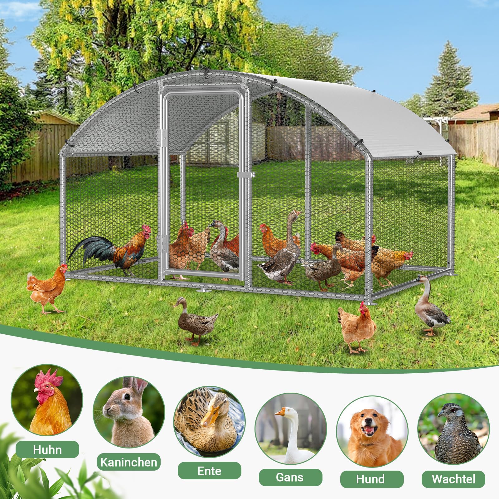 Gallinero 3x2x2m Gallinero para Gallinas Jaula para Aves Pequeños Animales Recinto Exterior con Techo Arqueado de PE y Estructura de Acero Galvanizado