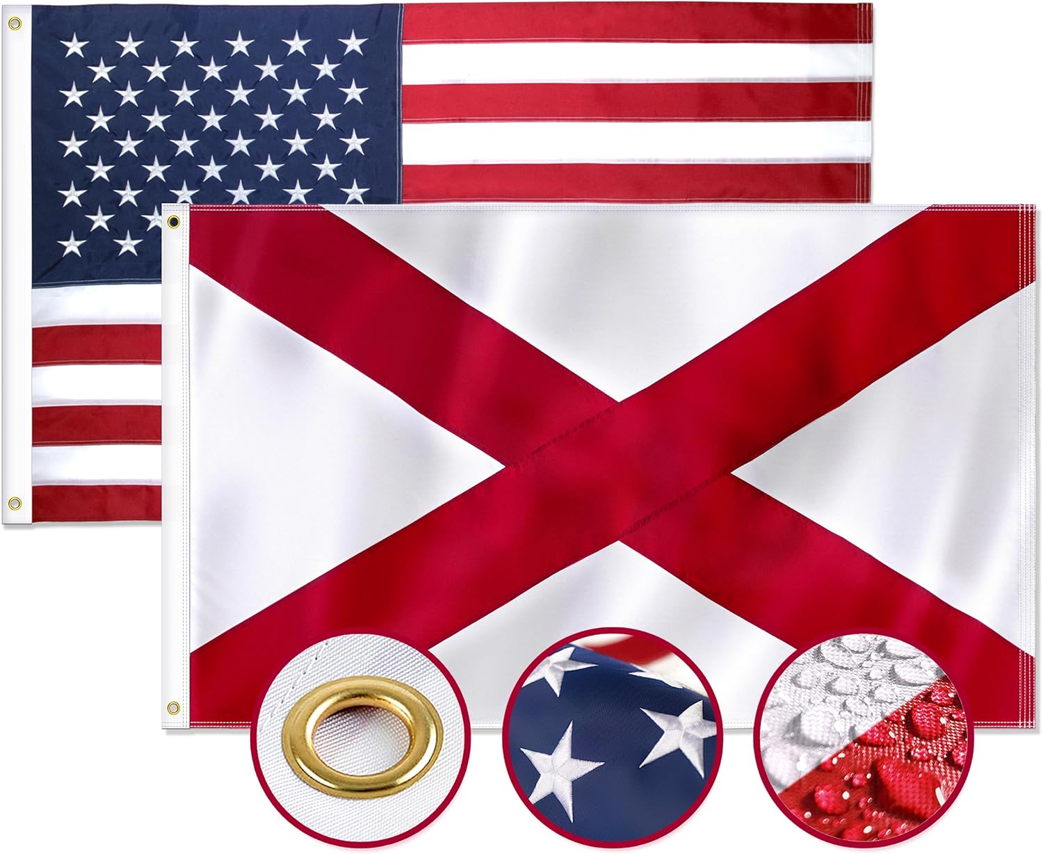 State of Alabama + USA Flags 3x5 Feet Combo Pack – Embroidered 210D Nylon Flags with Sewn Panels