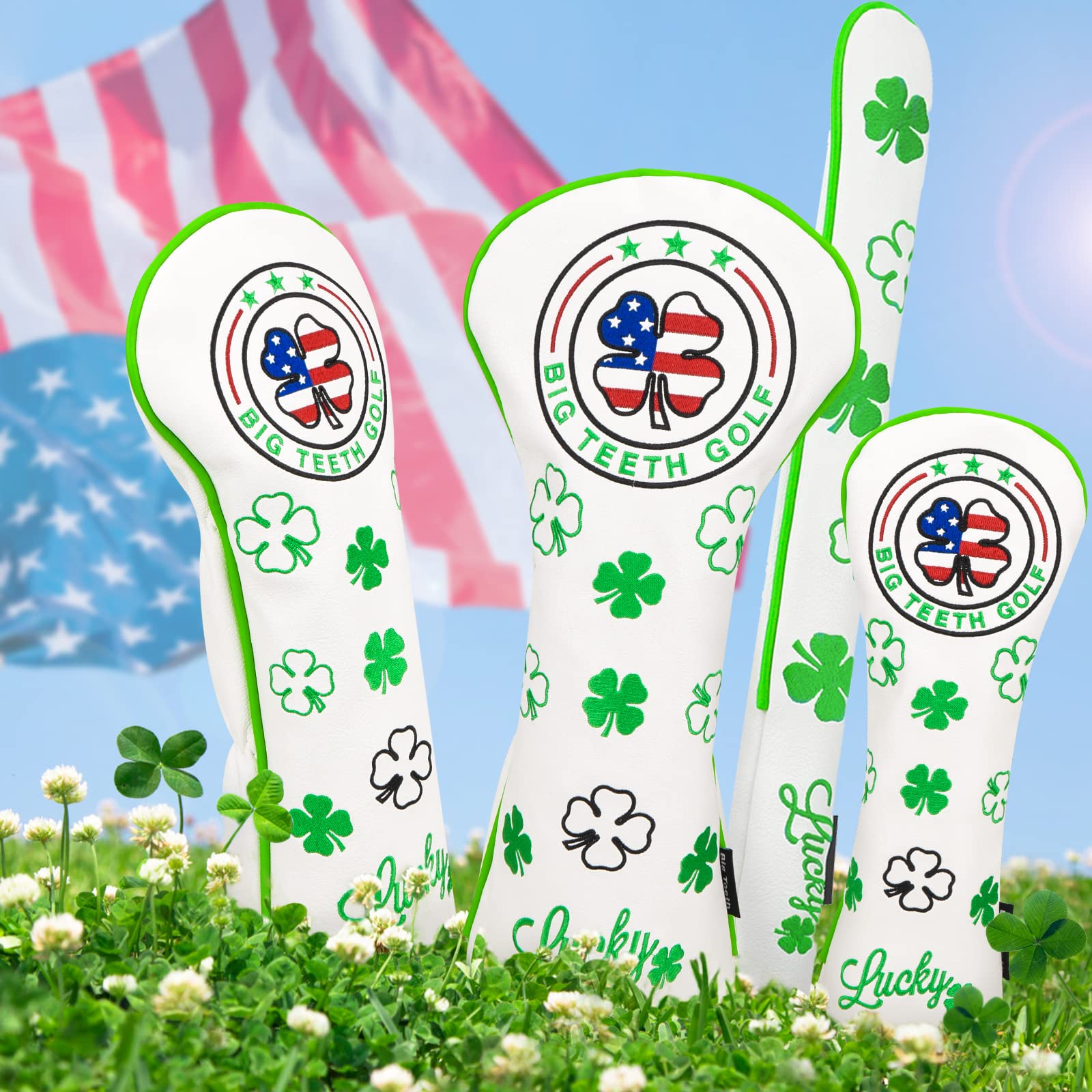 BIG TEETH 3PCS Golf Headcovers Set 460CC Driver Fairway Wood Hybrid Headcover PU Leather Classic Style Golf Wood Head Cover (3PCS-Lucky Clover)