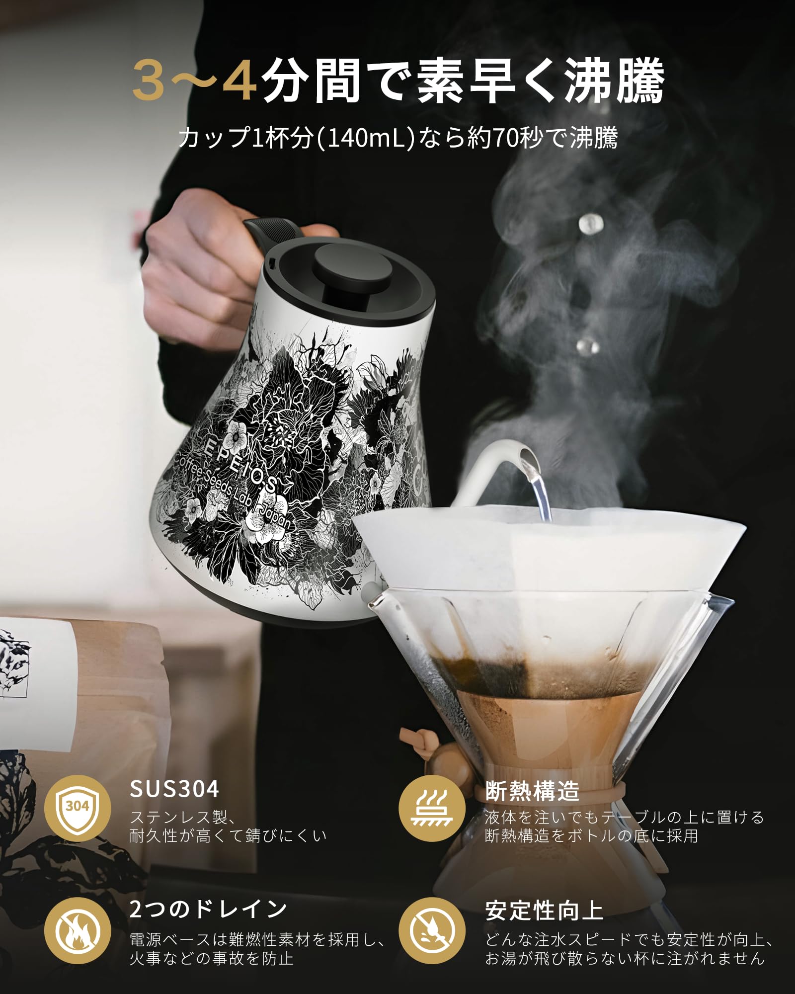Amazon | エペイオス(Epeios) 電気ケトル ドリップケトル 0.9L 1200W