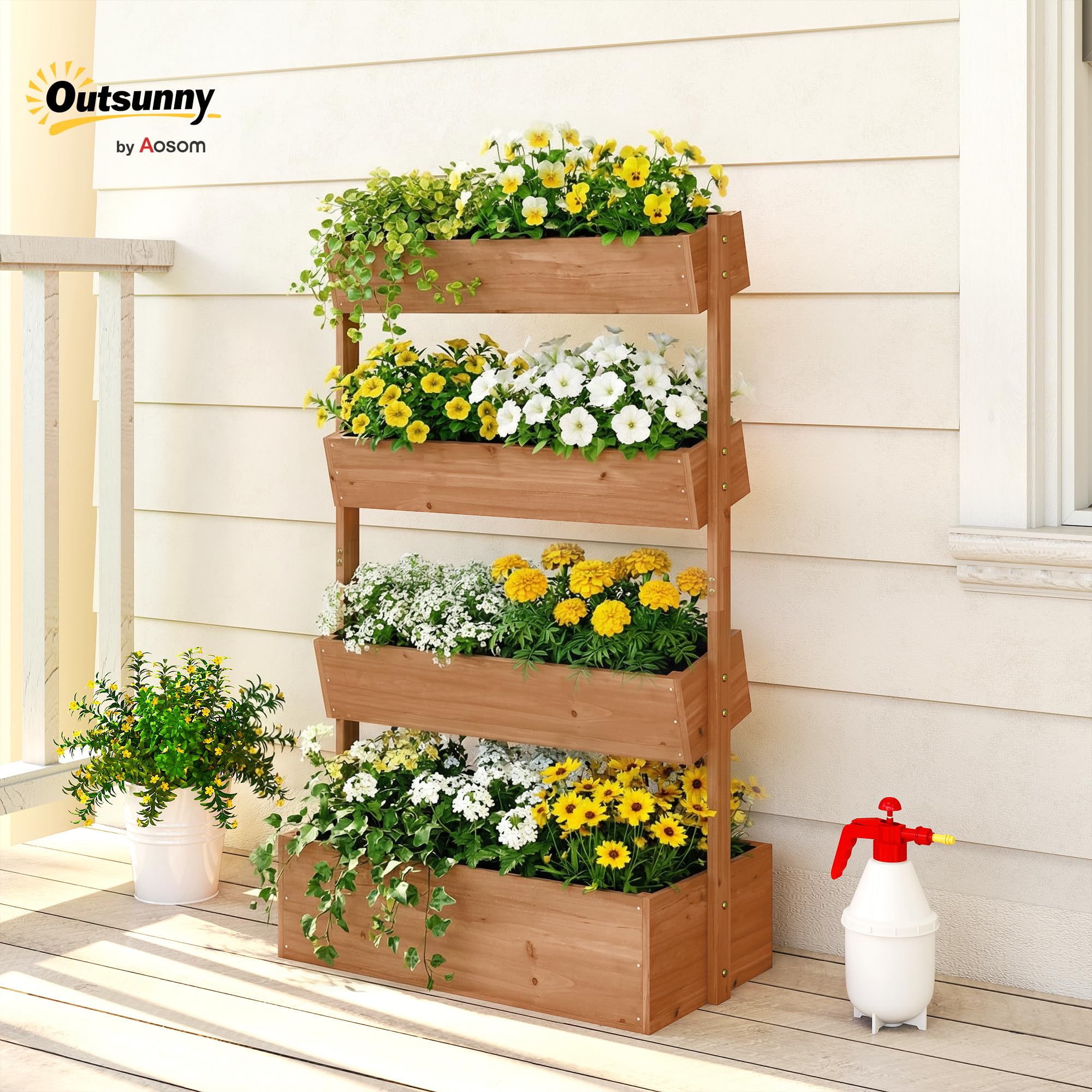 Outsunny Letto da Giardino Rialzato a 4 Livelli Fioriera Verticale in Legno per Esterni con Rivestimento in Tessuto Non Tessuto e Fori di Drenaggio per Verdure, Erbe e Fiori 85x45x140 cm Marrone