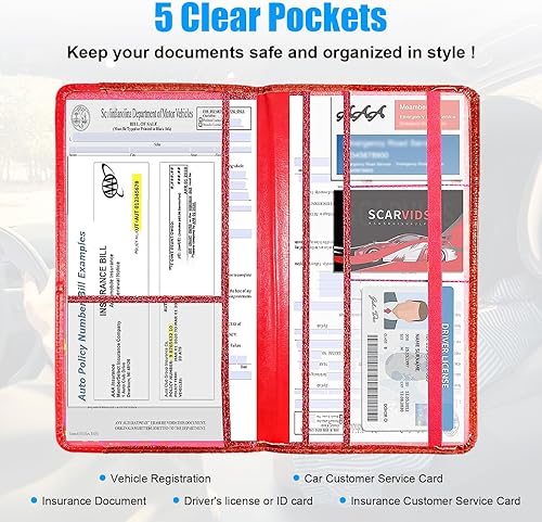 Miniatura 9 de Kewucn Soporte para registro y seguro de automóvil, organizador de cuero para documentos de licencia de vehículo con cierre de banda elástica para