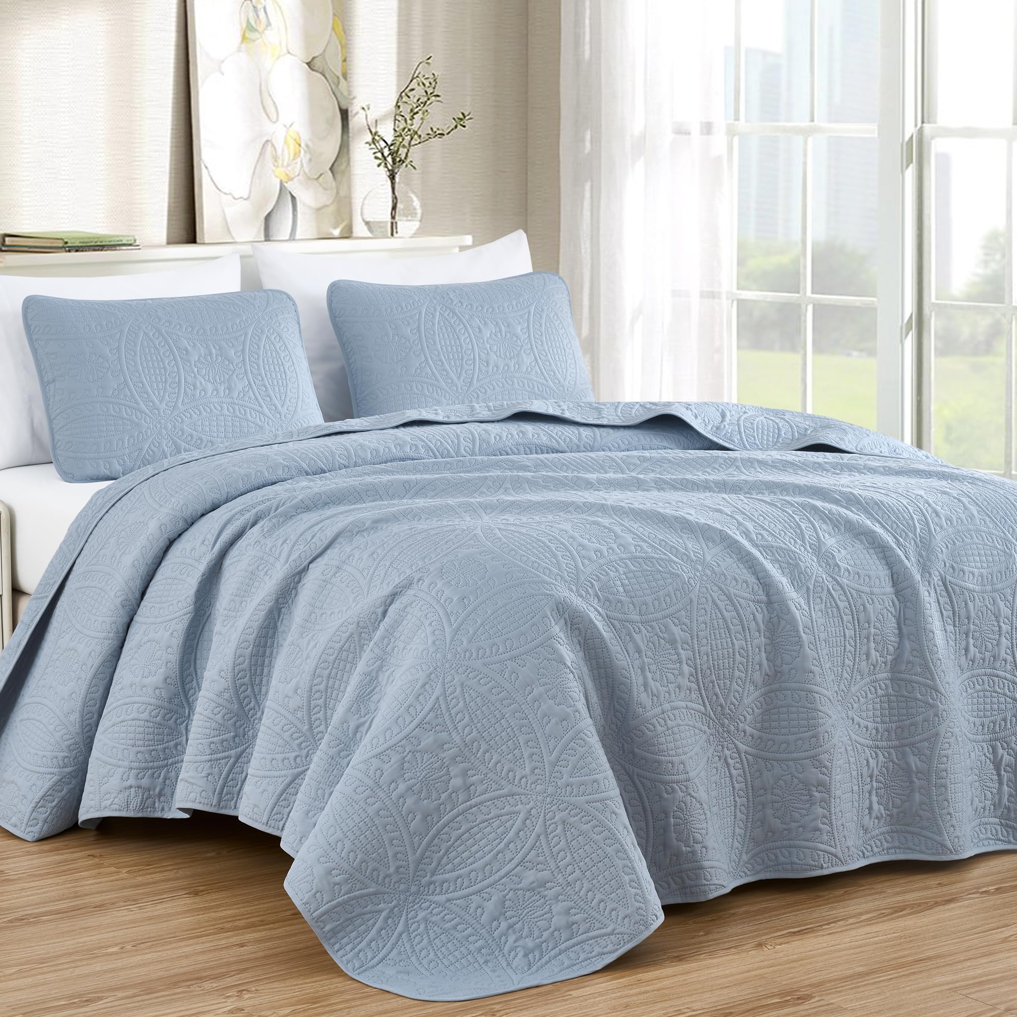 Chezmoi Collection Austin King Oversized Bedspread Set, 3-Piece Pinsonic Quilted Lightweight Microfiber Bedspread Coverlet, Cool Gray