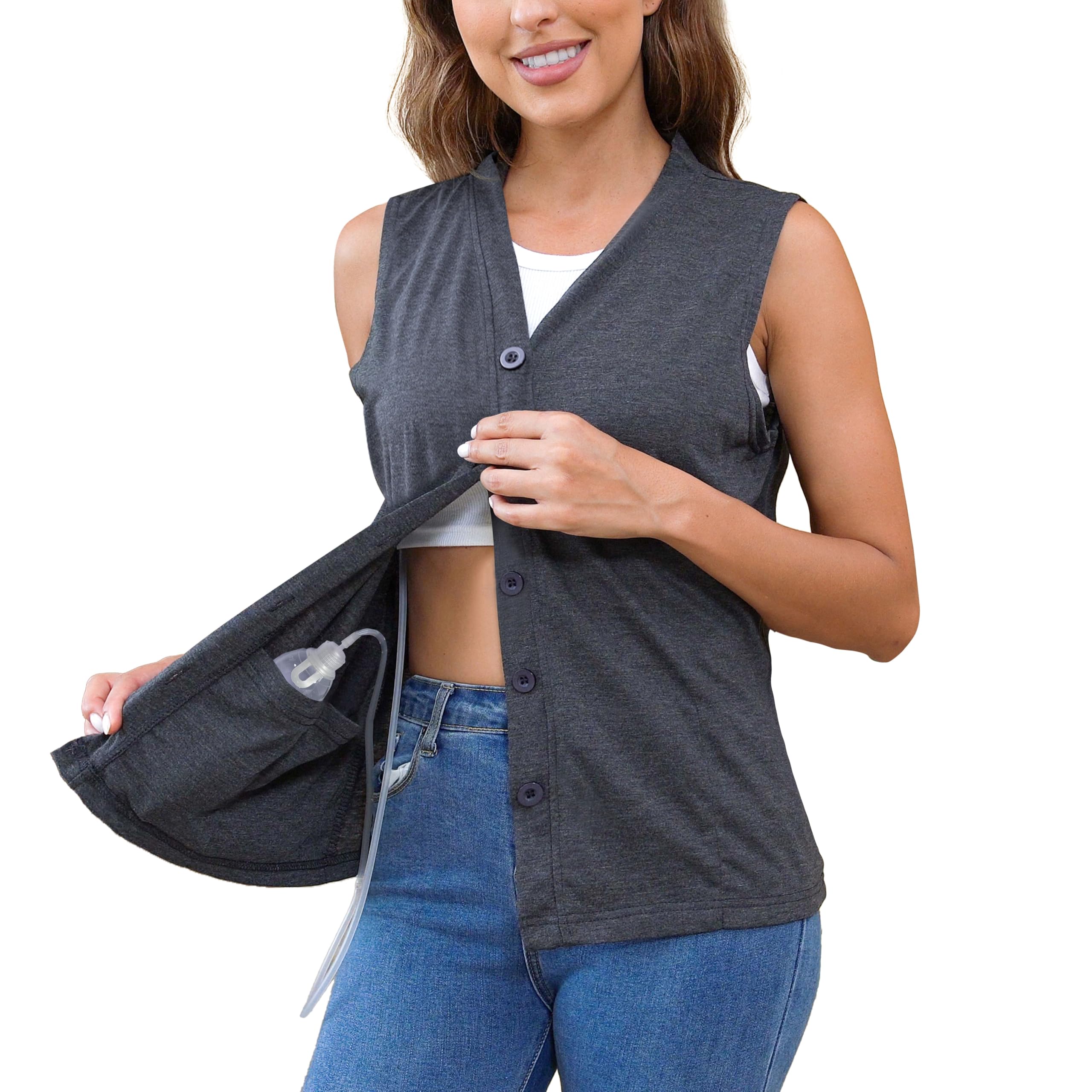 Mastectomy Shirts with Drain Pockets V-Neck Open Front Breast Cancer Shirts for Women Post Mastectomy Must Haves