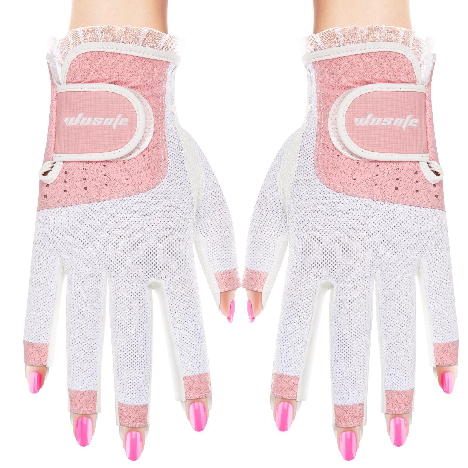 1 Paar Damen Golfhandschuhe, Fingerlose, Atmungsaktive Golfhandschuhe, Sonnenschutz Touchscreen Fäustlinge, Sporthandschuhe für die Linke und Rechte Hand,Pink,S(Length18cm)