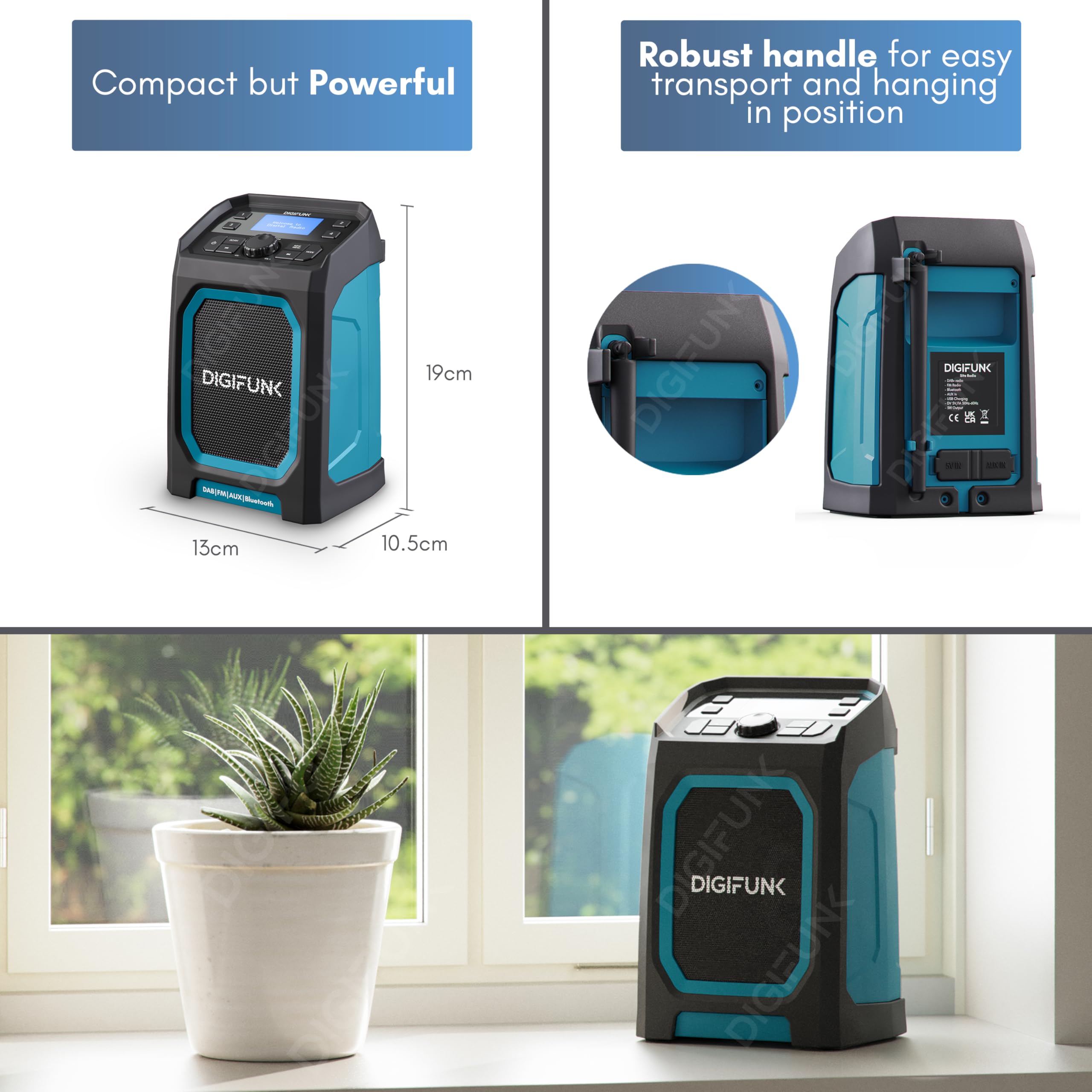 Radio de Obra DigiFunk | Ricaricabile Via USB | Dab+, Dab, FM, Bluetooth, Ingresso AUX | Design Resistente e duraturo, impermeabile IP65 | Perfetta per edifici, esterni, almanacco (Rojo)