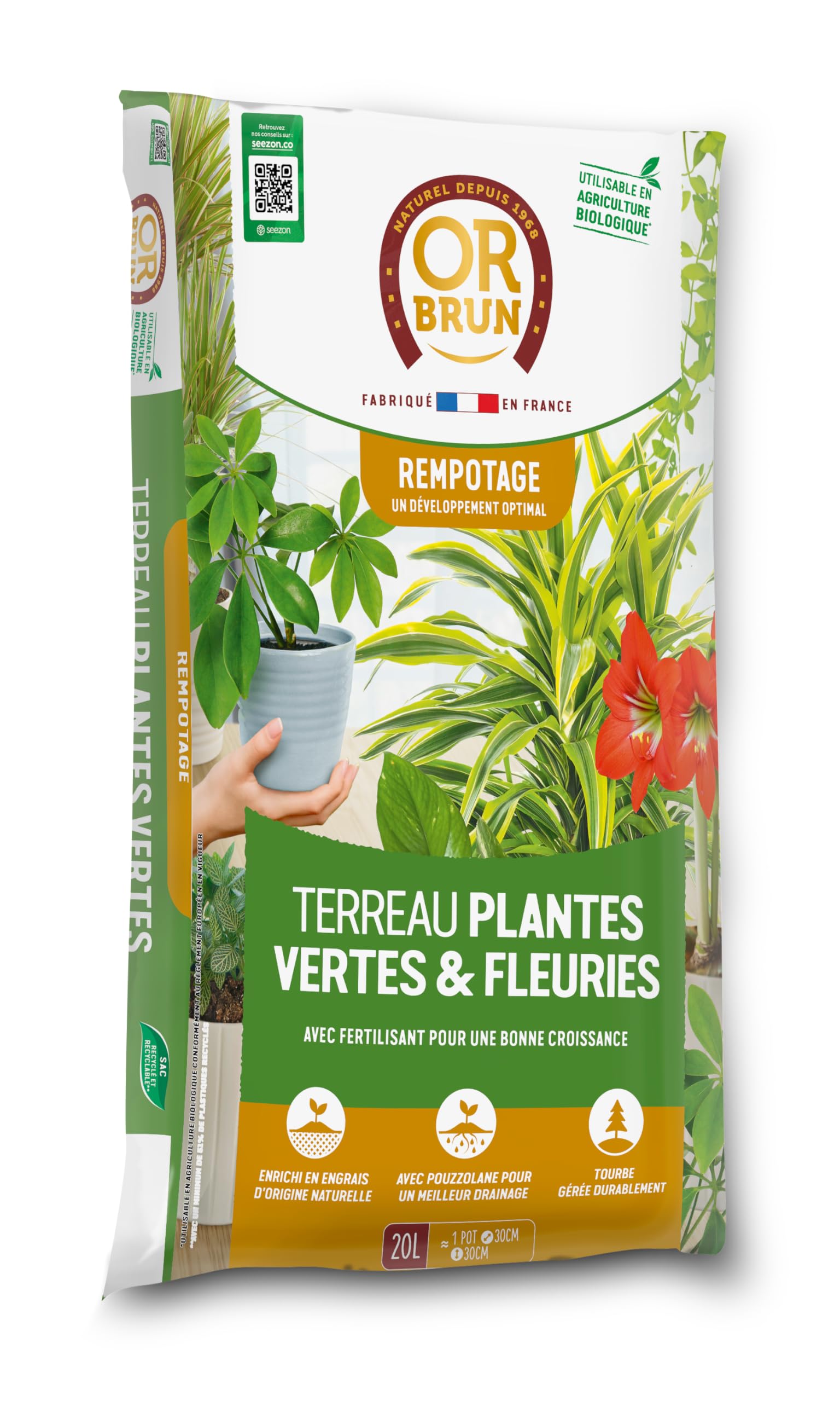 OR BRUN Terreau Plantes Vertes & Fleuries 20 litres : Un Support idéal pour Vos végétaux