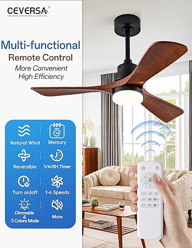 Miniatura 4 de Ventilador de techo de madera maciza de 42 pulgadas con luz y control remoto, ventilador de techo moderno de 3 aspas hecho a mano, silencioso para