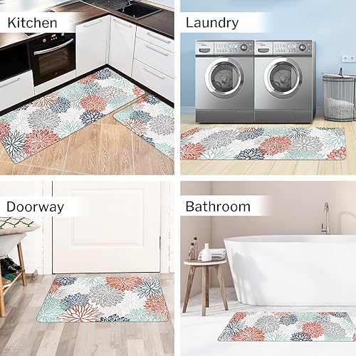 Miniatura 7 de RosieLily Dahlia - Juego de 2 tapetes de cocina, antifatiga, impermeables, de piel de PVC, antideslizantes, cómodos, para estar de pie, para correr,