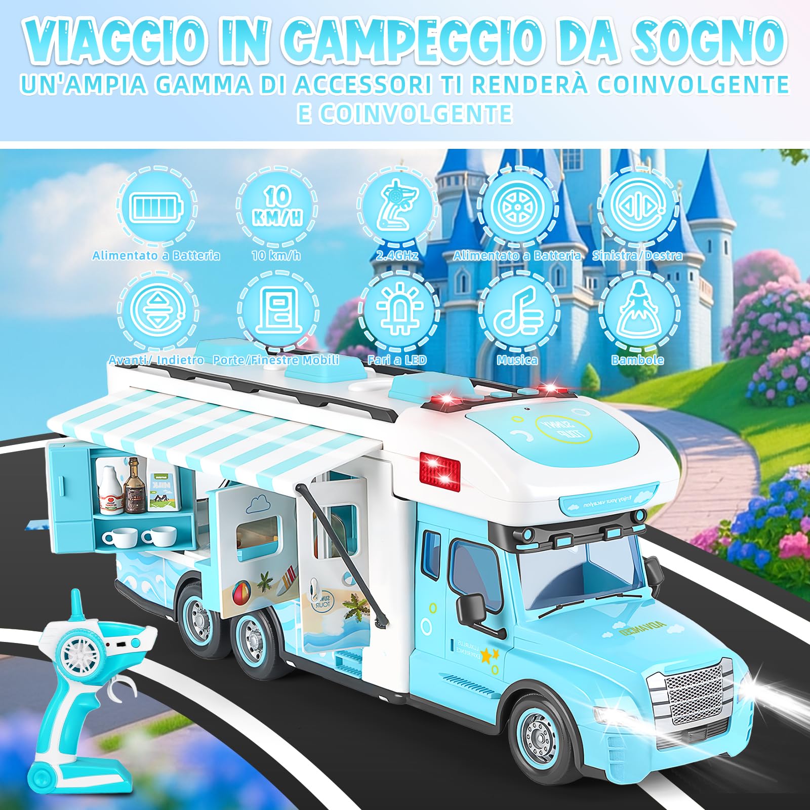 Charmofun Macchina Telecomandata Per Bambina, Auto Radiocomandata Blu Con 2 Bambole, Telecomando, Luci E Suoni, Auto Telecomandato Ragazze 6 -12 Anni, Natale Compleanno Regalo (Blu)